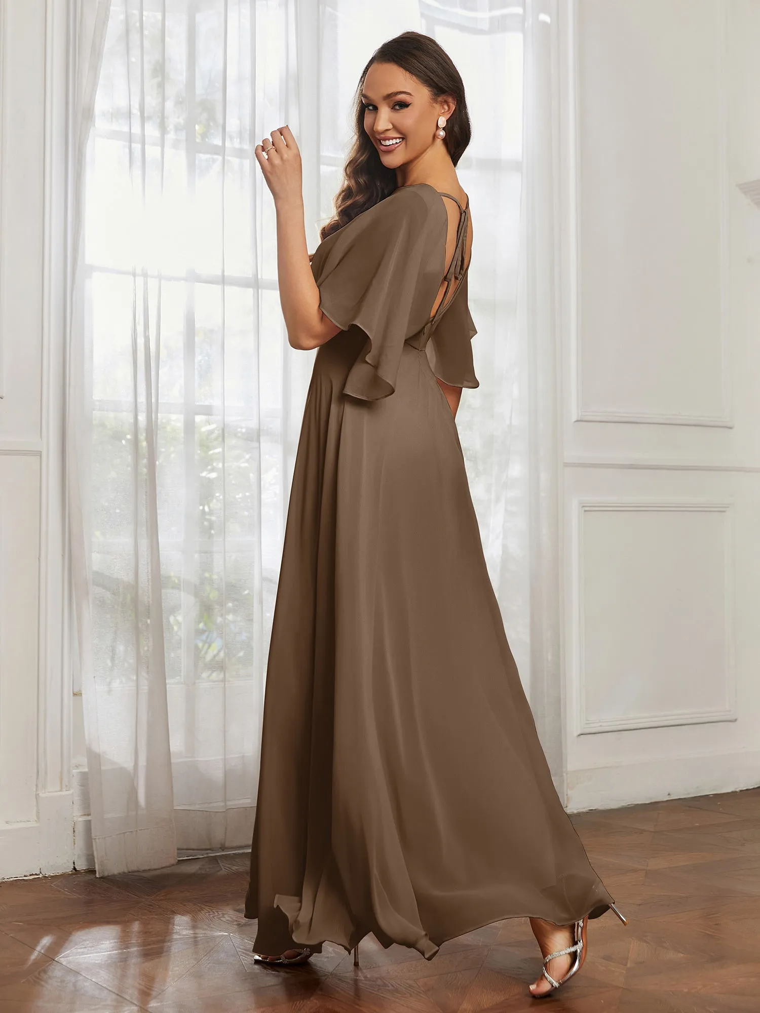 Flutter Sleeves Long Chiffon Bridesmaid Dresses-Brown