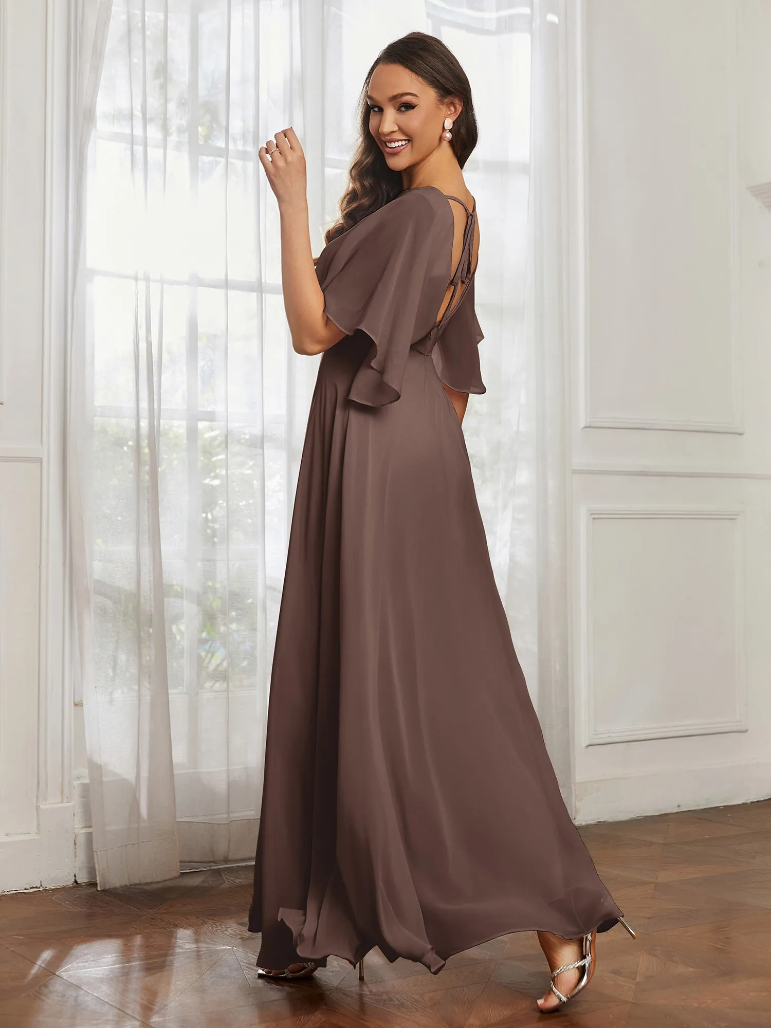 Flutter Sleeves Long Chiffon Bridesmaid Dresses-Chocolate