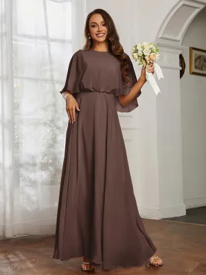 Flutter Sleeves Long Chiffon Bridesmaid Dresses-Chocolate