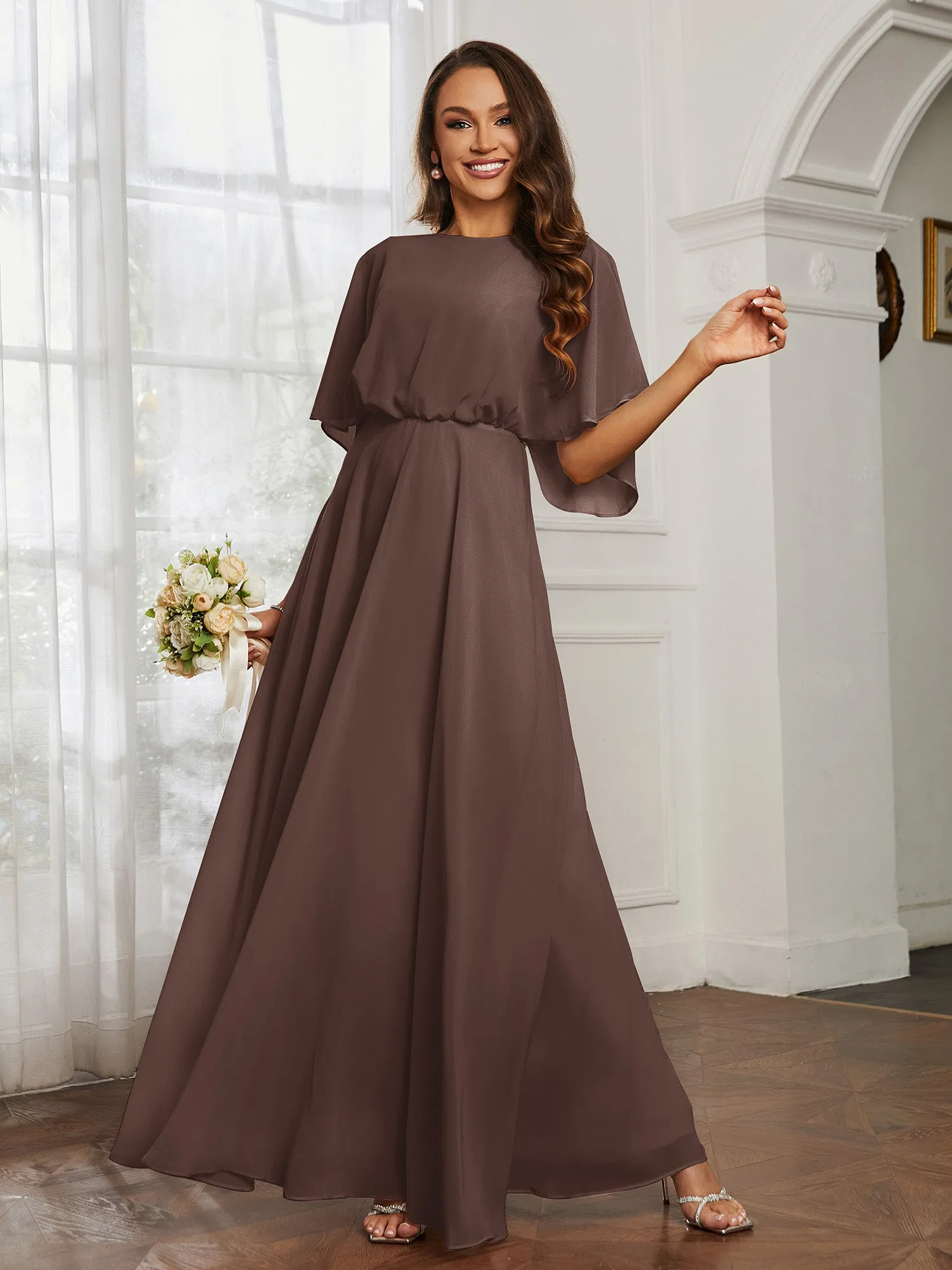 Flutter Sleeves Long Chiffon Bridesmaid Dresses-Chocolate