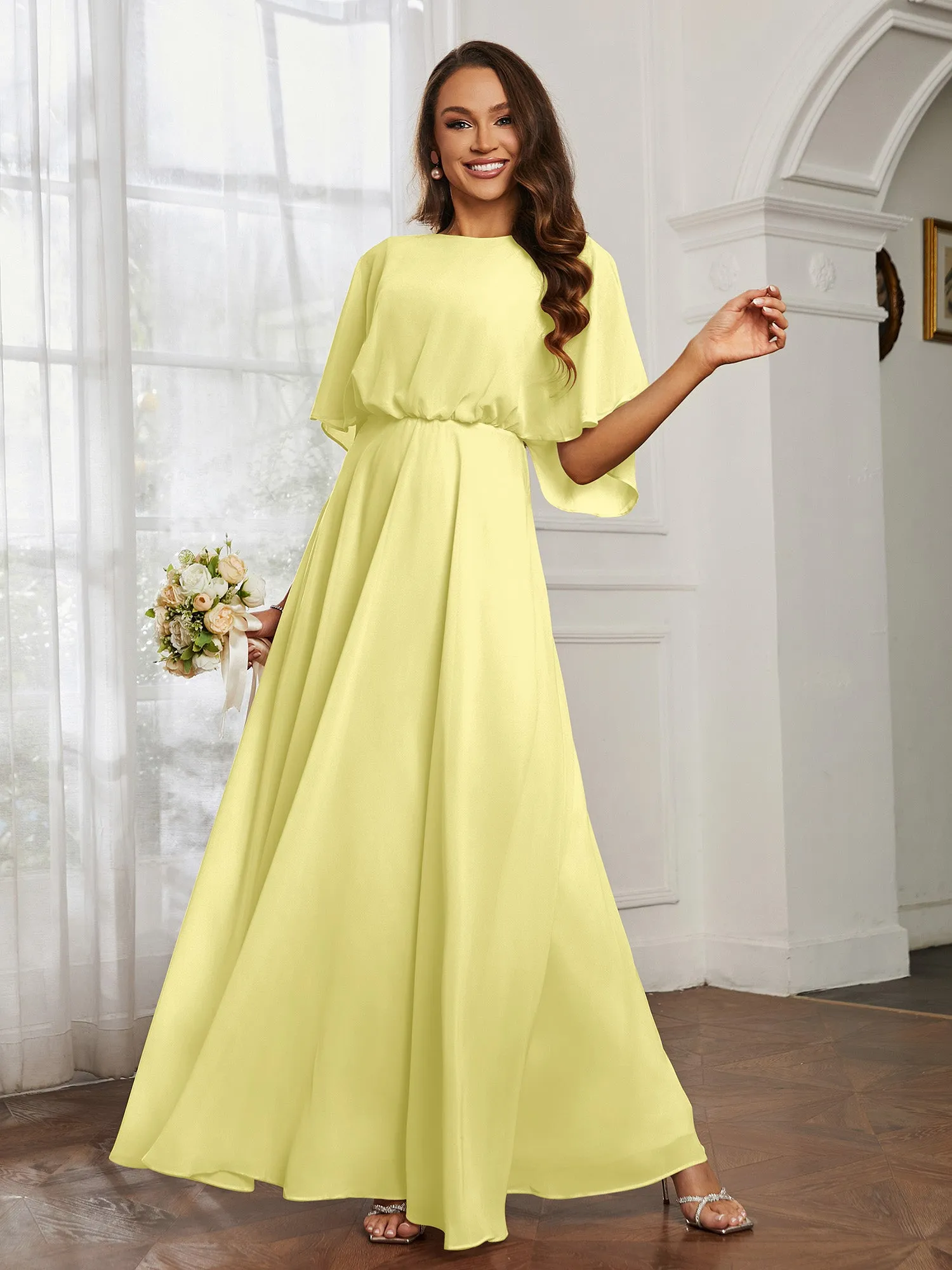 Flutter Sleeves Long Chiffon Bridesmaid Dresses-Daffodil