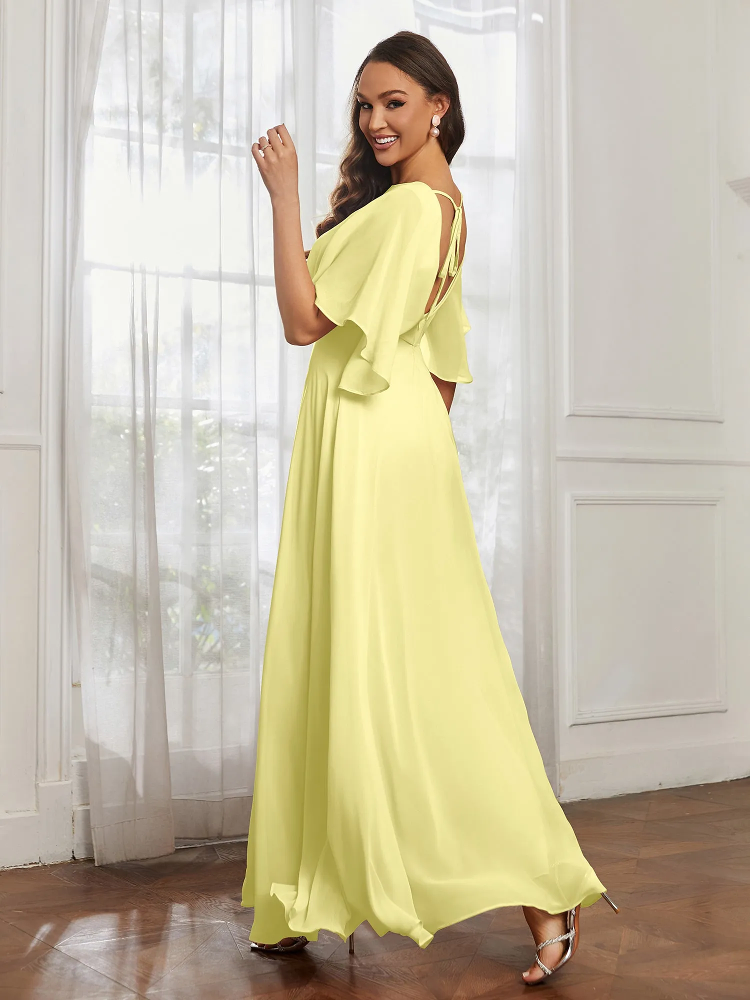 Flutter Sleeves Long Chiffon Bridesmaid Dresses-Daffodil