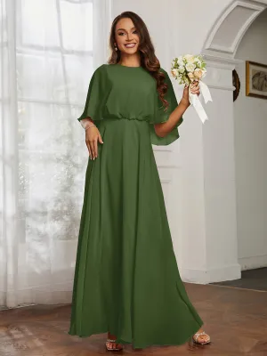 Flutter Sleeves Long Chiffon Bridesmaid Dresses-Moss