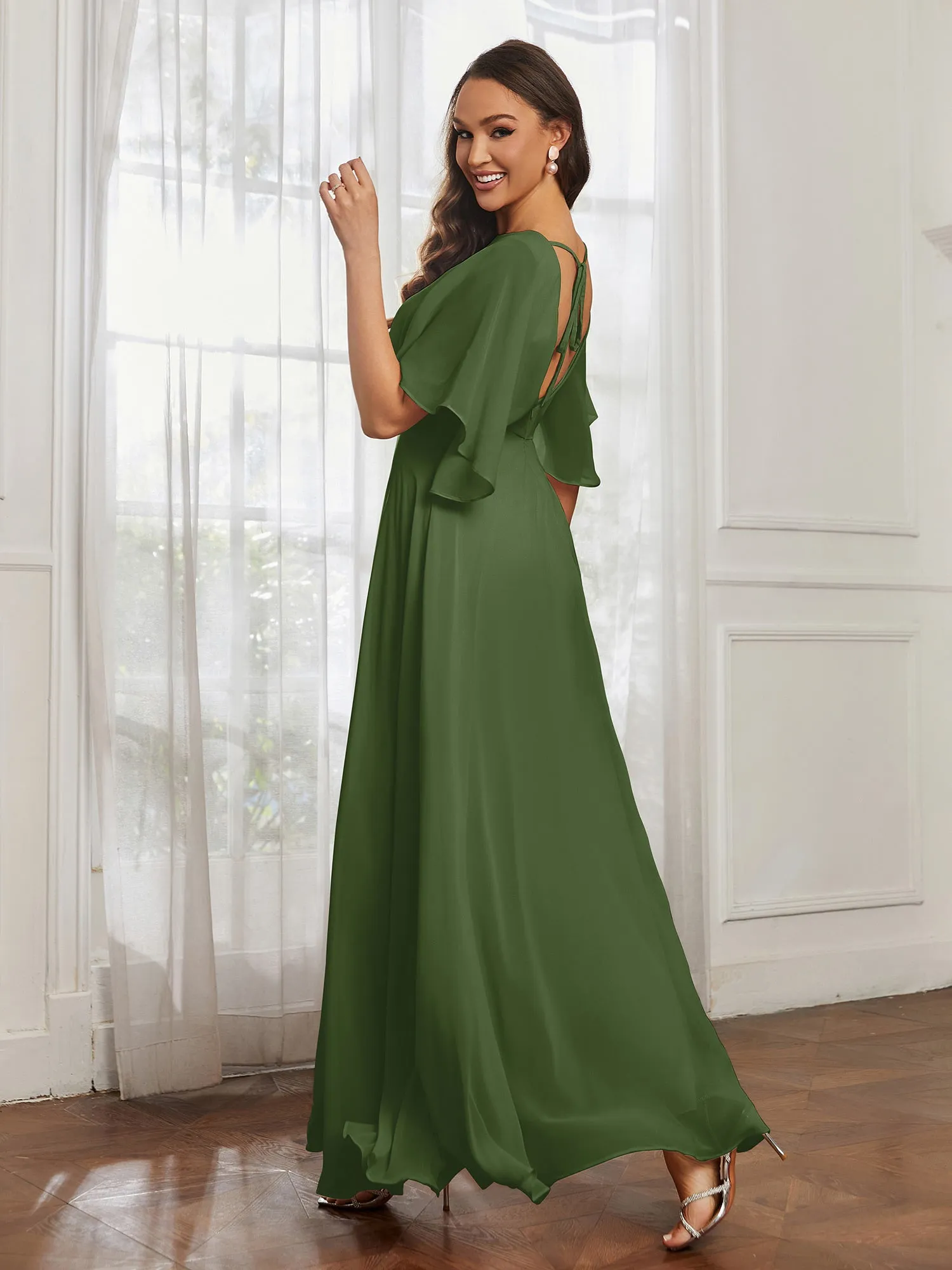 Flutter Sleeves Long Chiffon Bridesmaid Dresses-Moss