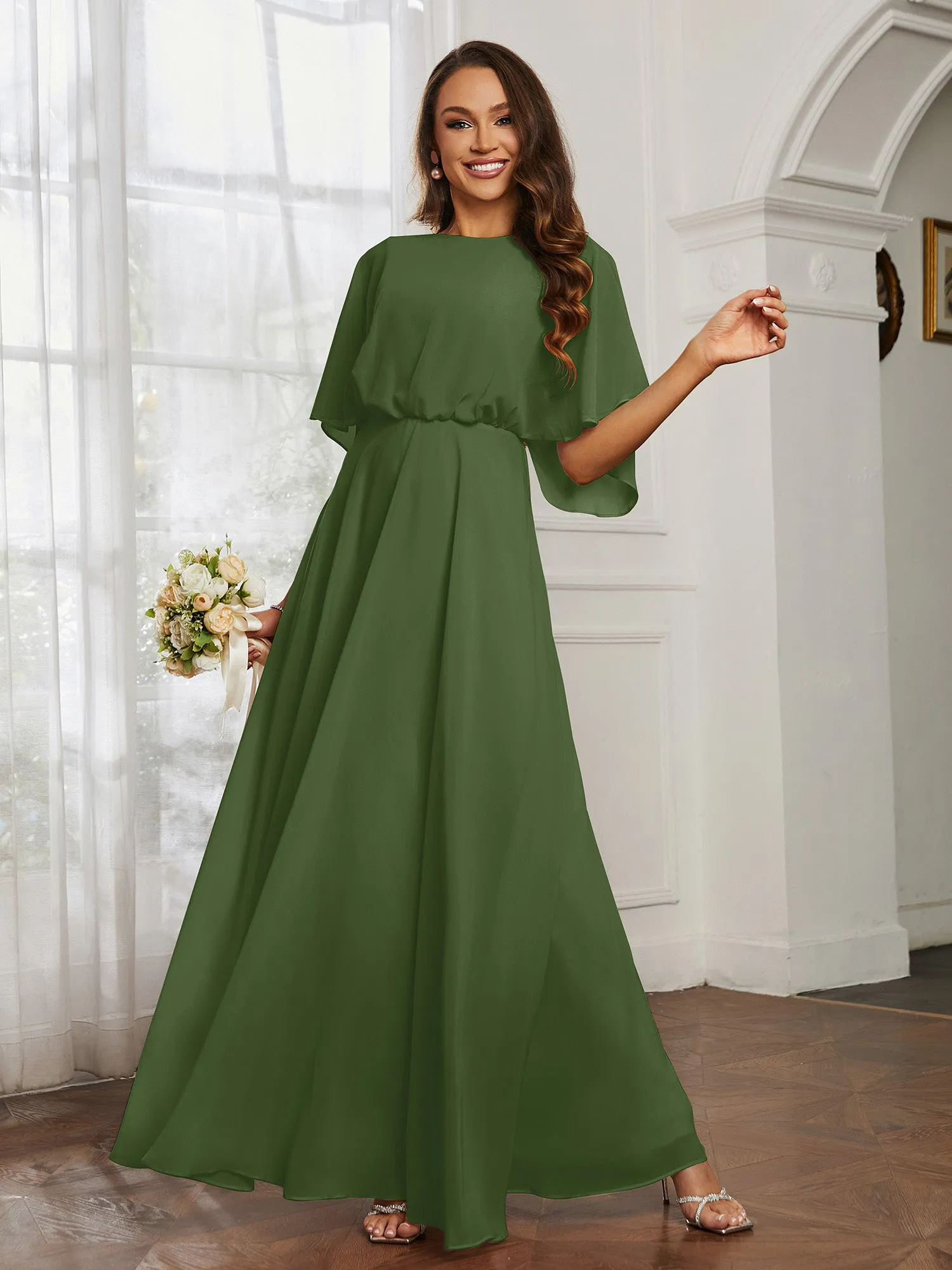 Flutter Sleeves Long Chiffon Bridesmaid Dresses-Moss