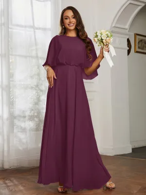 Flutter Sleeves Long Chiffon Bridesmaid Dresses-Mulberry