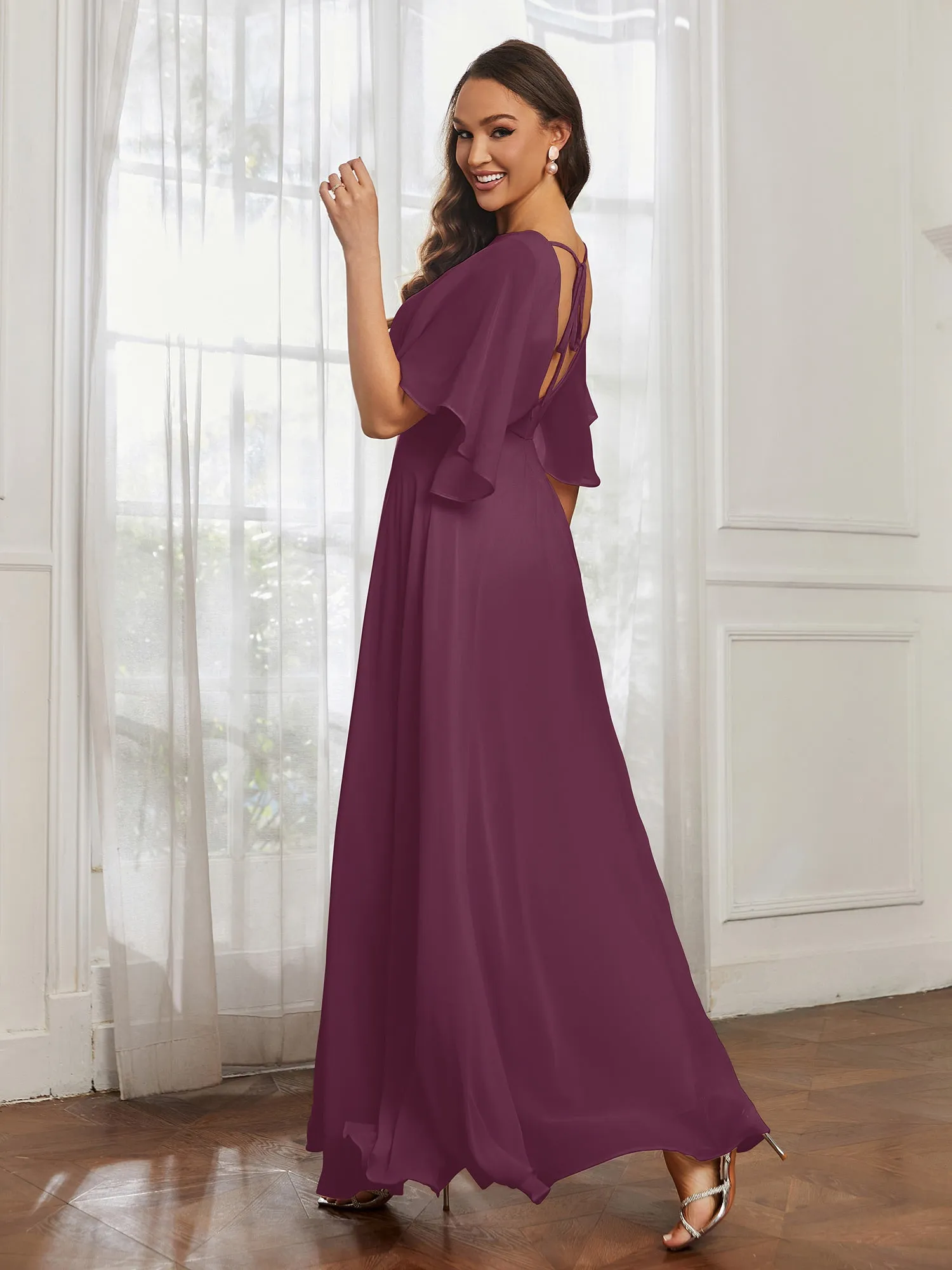 Flutter Sleeves Long Chiffon Bridesmaid Dresses-Mulberry