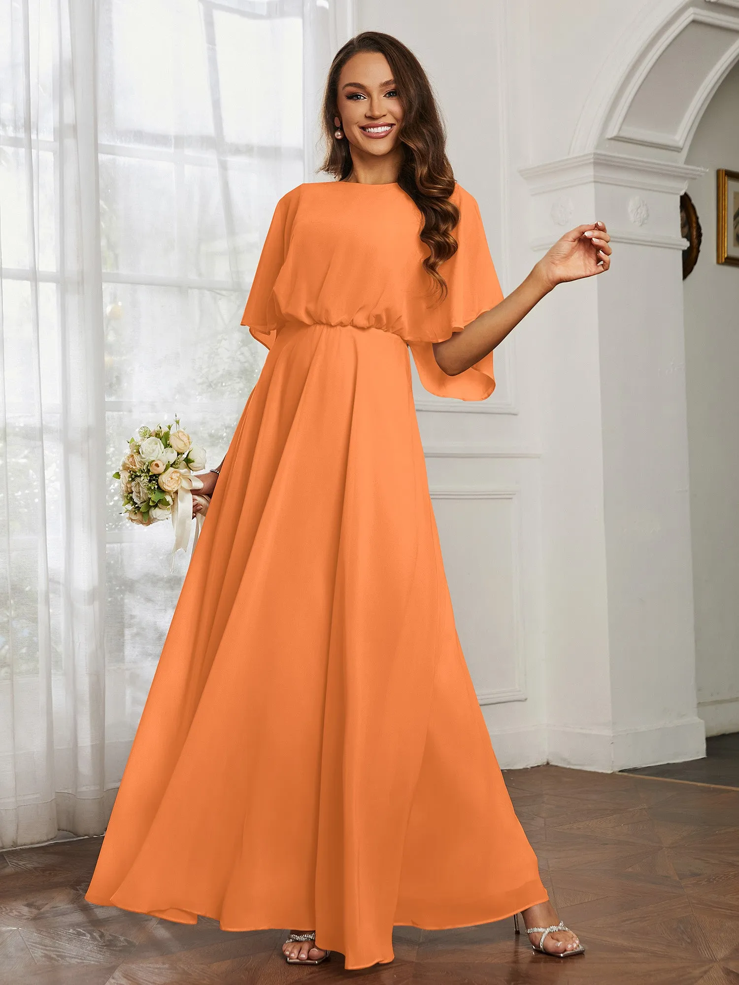 Flutter Sleeves Long Chiffon Bridesmaid Dresses-Orange