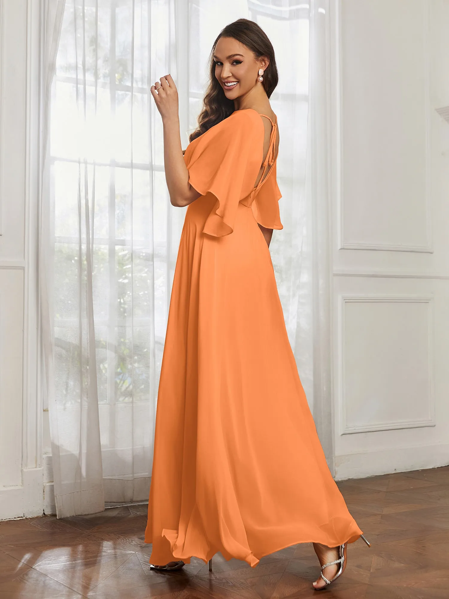 Flutter Sleeves Long Chiffon Bridesmaid Dresses-Orange
