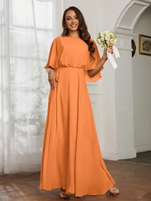Flutter Sleeves Long Chiffon Bridesmaid Dresses-Orange