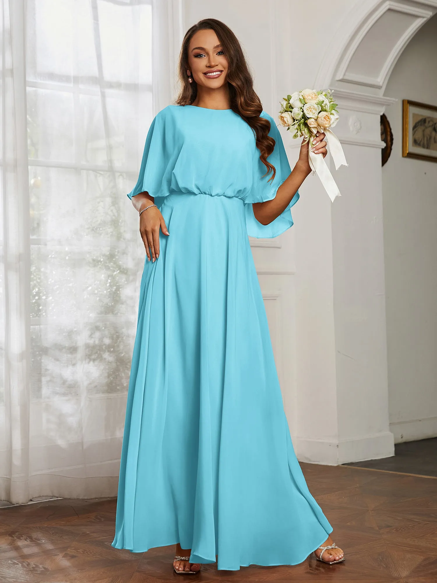 Flutter Sleeves Long Chiffon Bridesmaid Dresses-Pool Plus Size