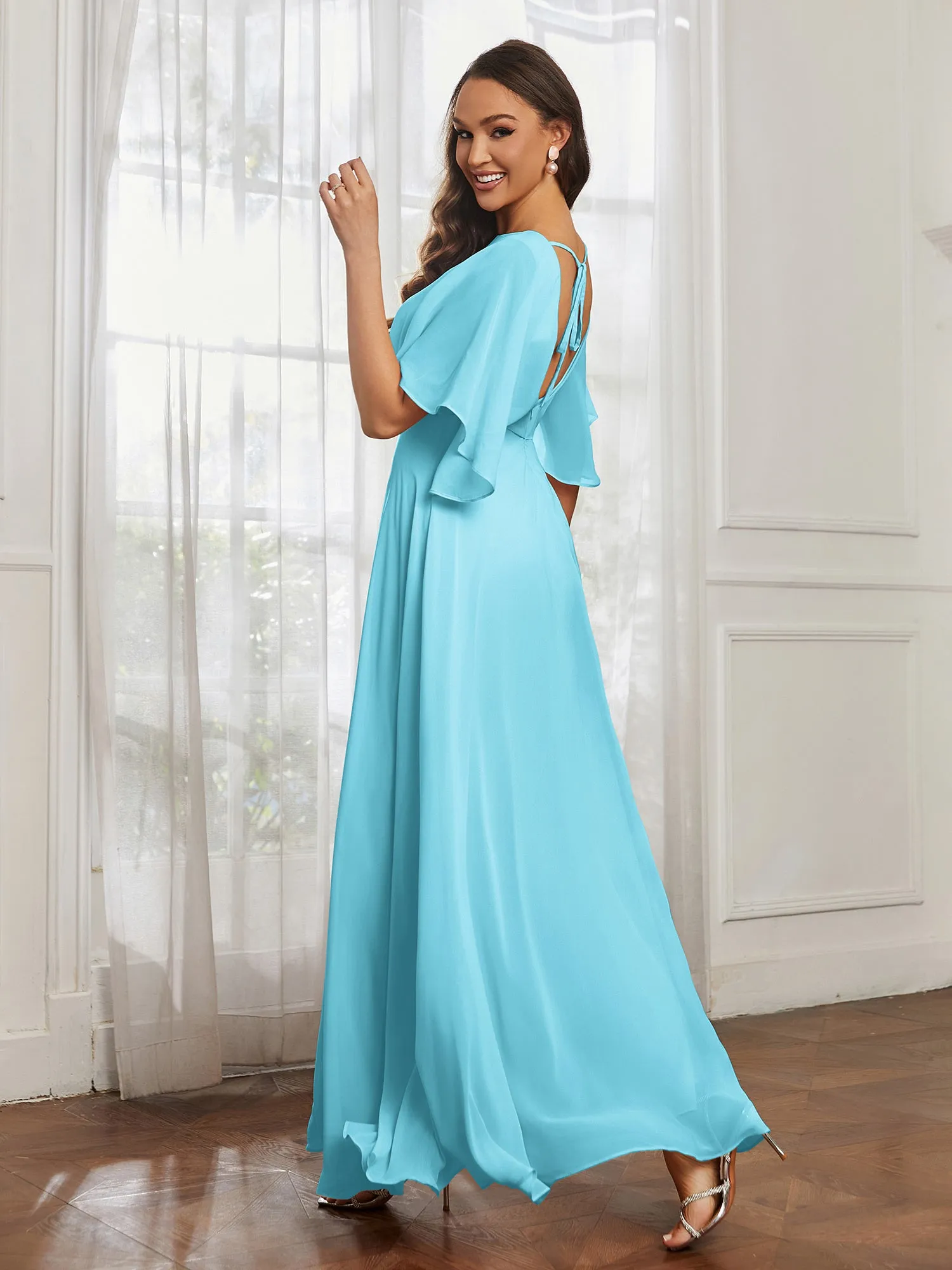Flutter Sleeves Long Chiffon Bridesmaid Dresses-Pool Plus Size