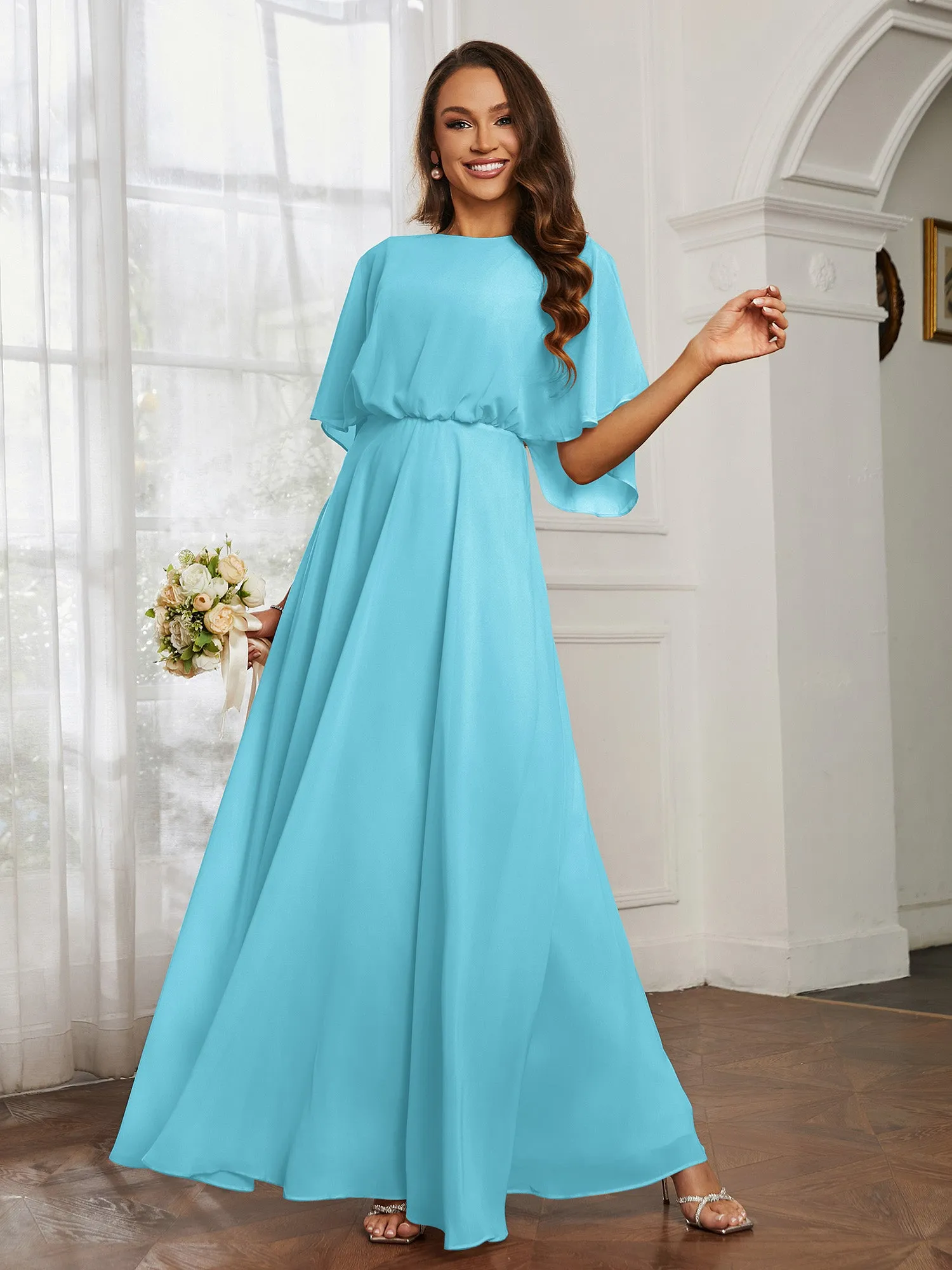 Flutter Sleeves Long Chiffon Bridesmaid Dresses-Pool Plus Size