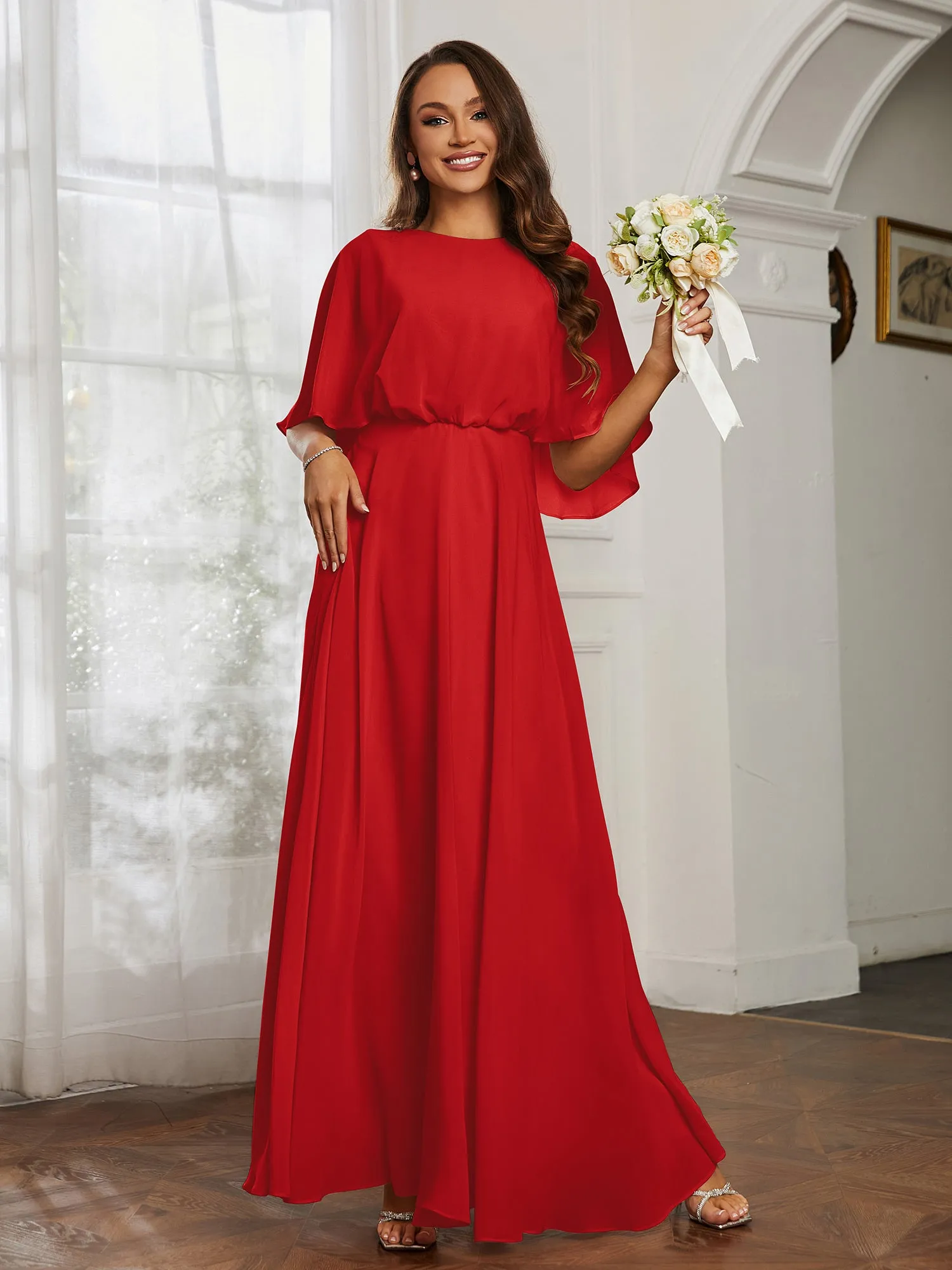 Flutter Sleeves Long Chiffon Bridesmaid Dresses-Red