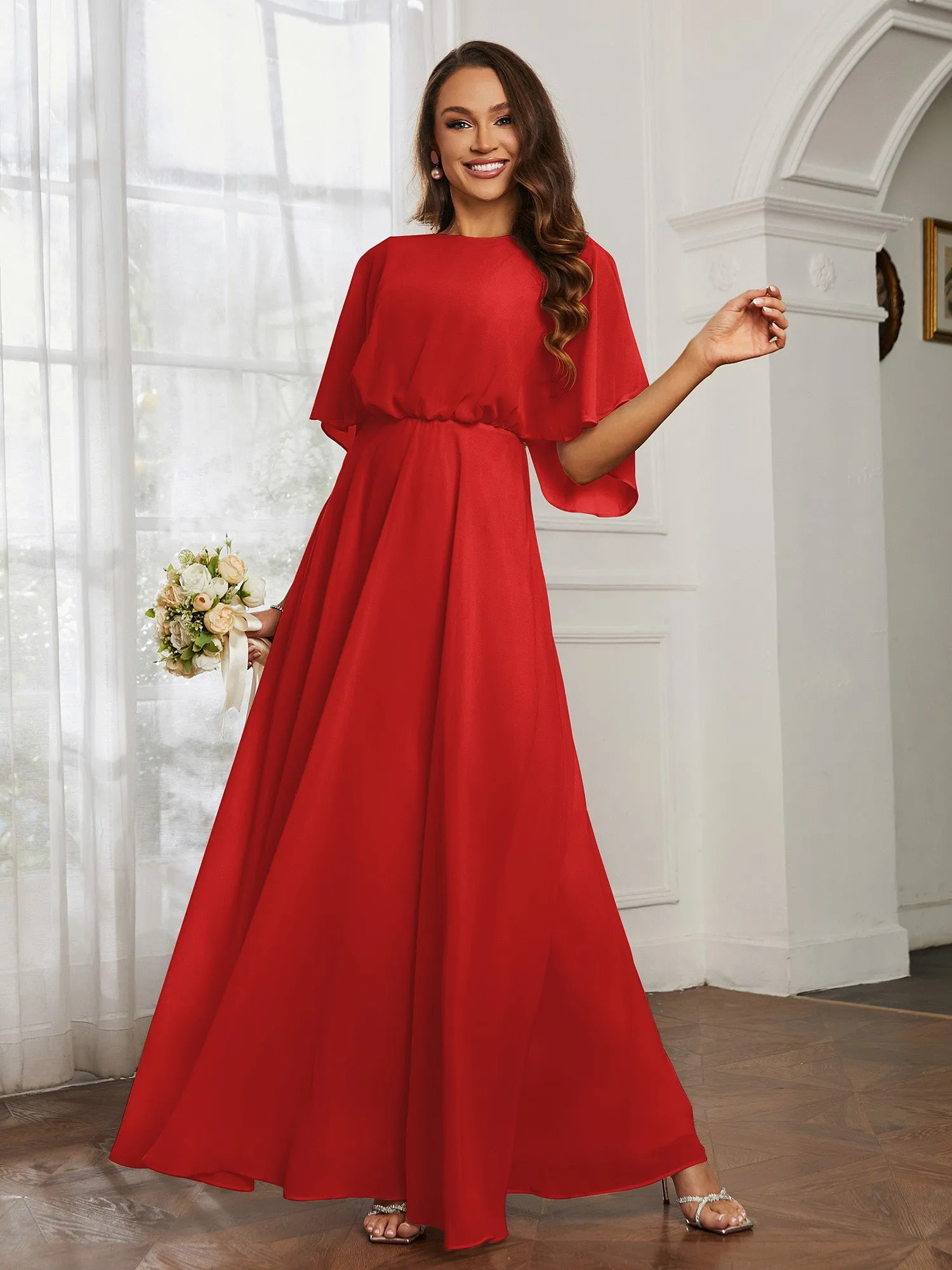 Flutter Sleeves Long Chiffon Bridesmaid Dresses-Red