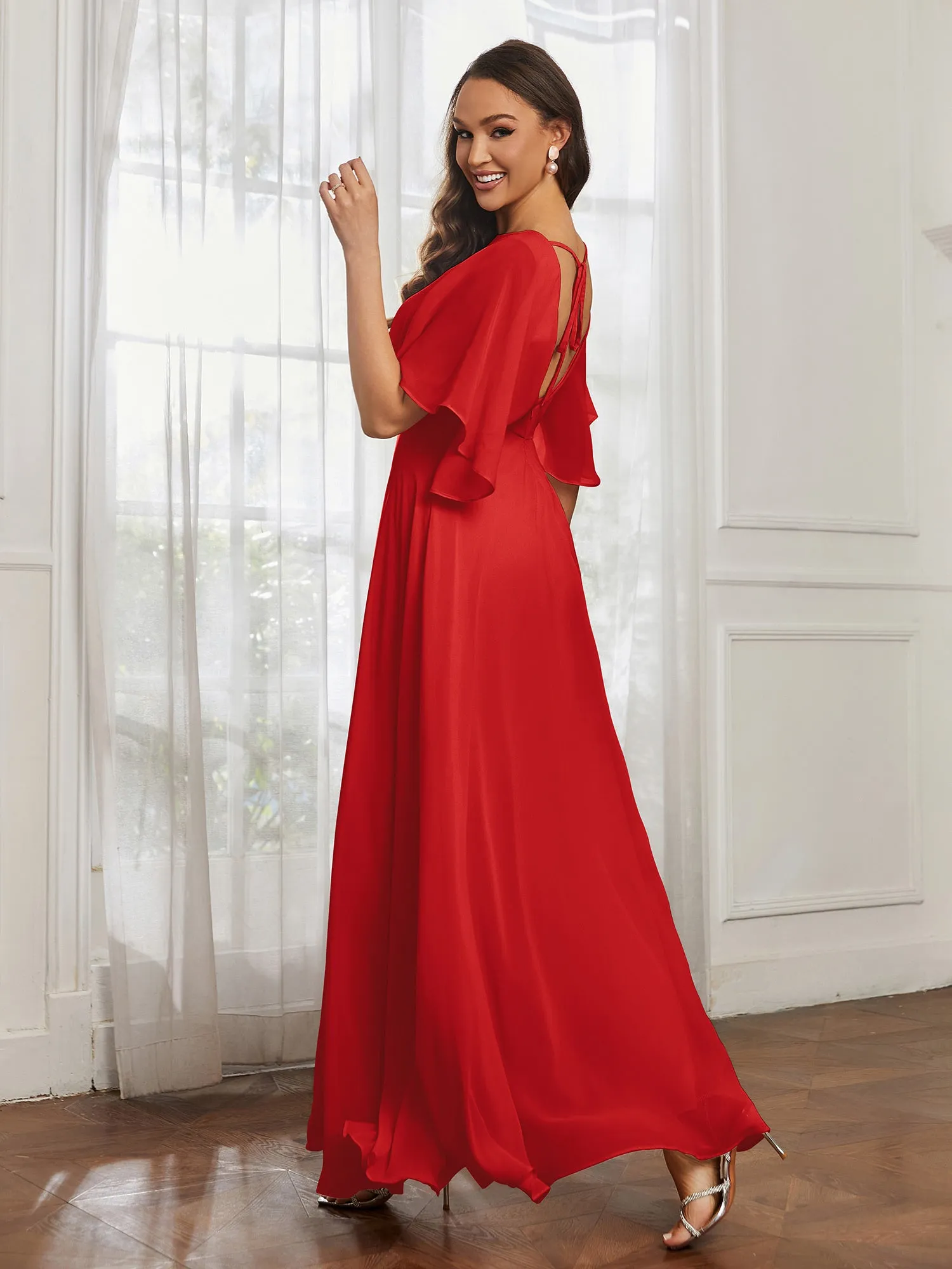 Flutter Sleeves Long Chiffon Bridesmaid Dresses-Red