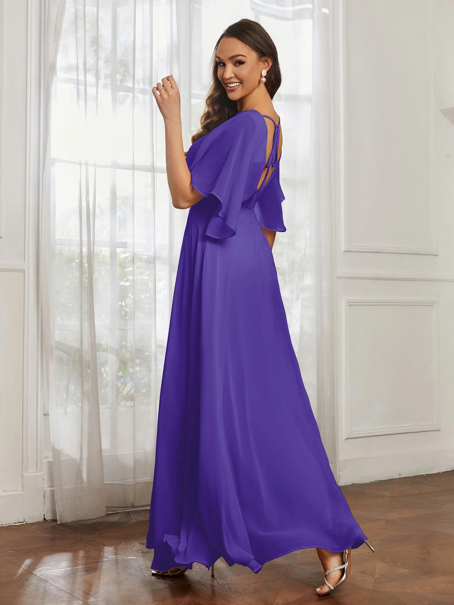 Flutter Sleeves Long Chiffon Bridesmaid Dresses-Regency