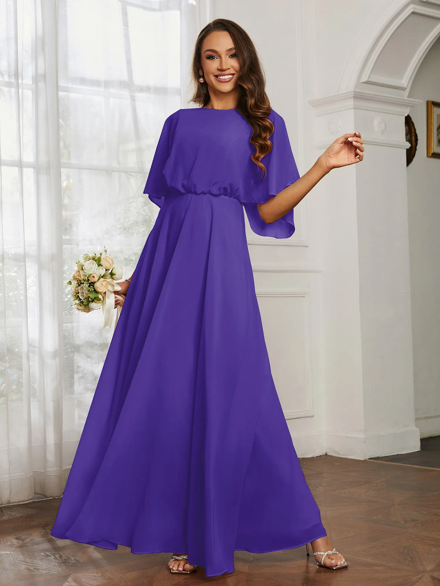 Flutter Sleeves Long Chiffon Bridesmaid Dresses-Regency