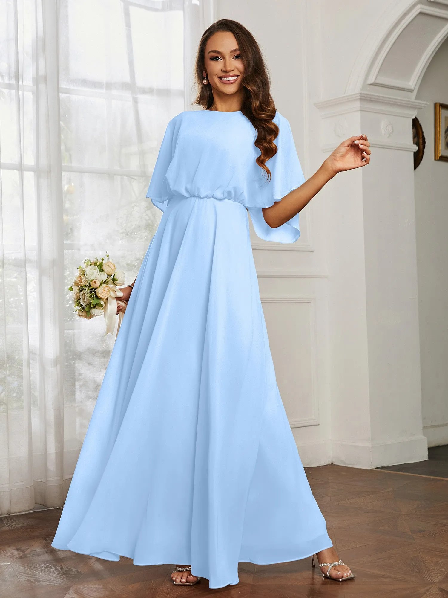 Flutter Sleeves Long Chiffon Bridesmaid Dresses-Sky Blue Plus Size