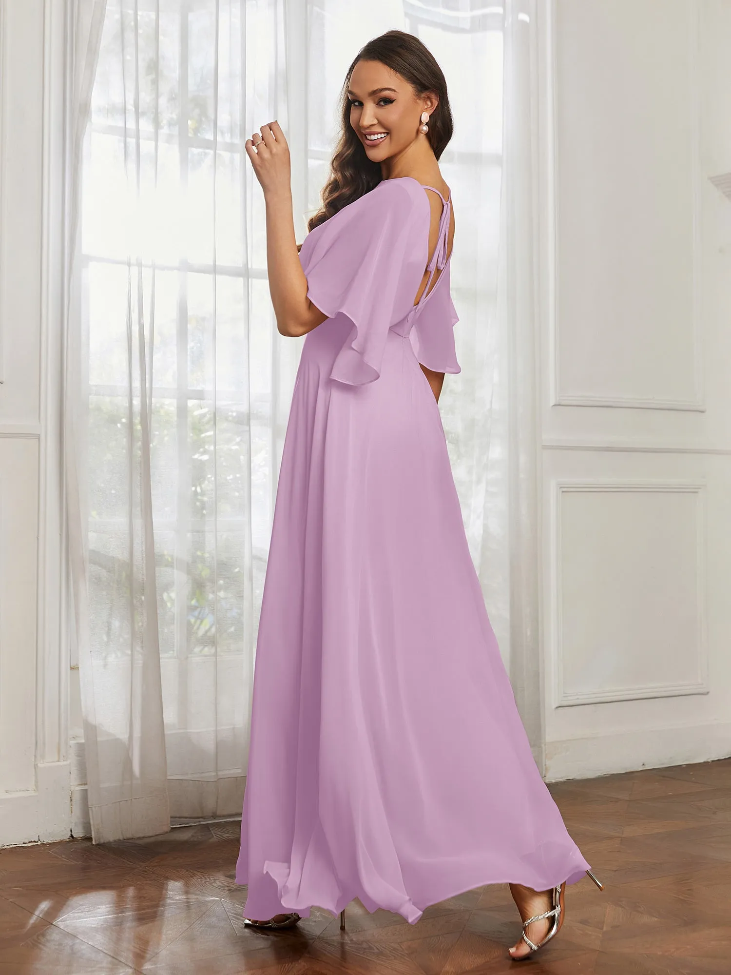 Flutter Sleeves Long Chiffon Bridesmaid Dresses-Wisteria Plus Size
