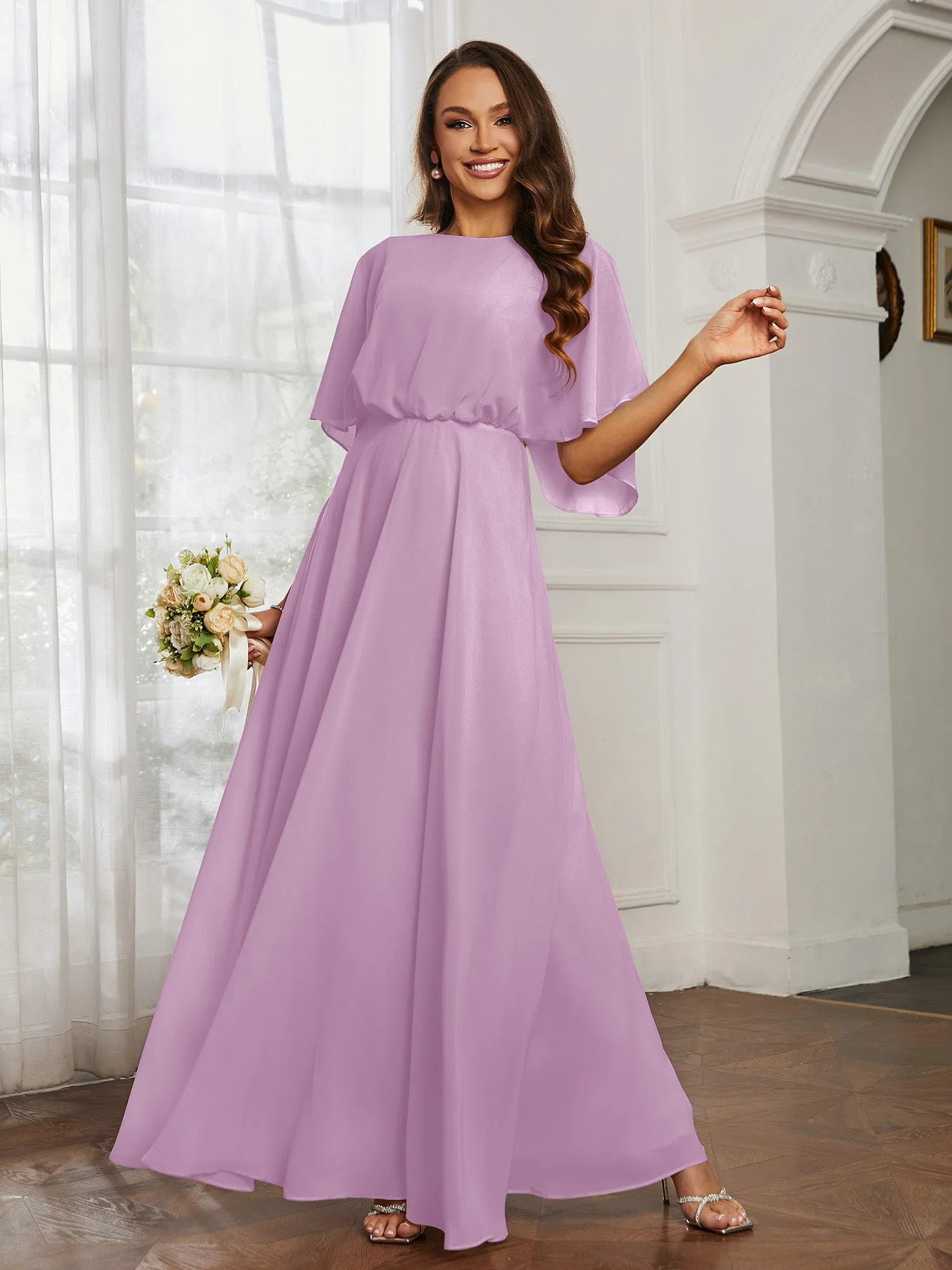 Flutter Sleeves Long Chiffon Bridesmaid Dresses-Wisteria Plus Size