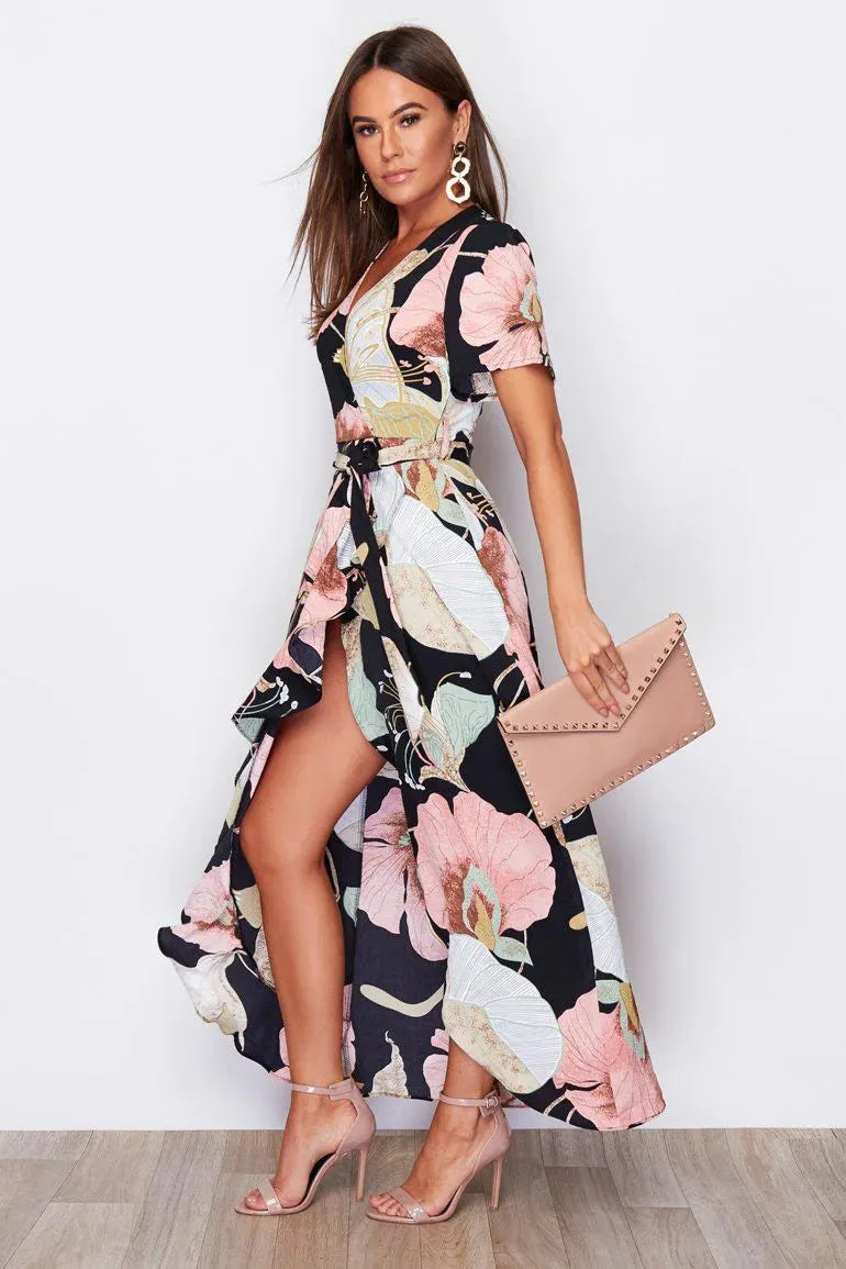 Girl in Mind Farren Split Hem Frill Detail Wrap Maxi Dress in Blush Flower Print