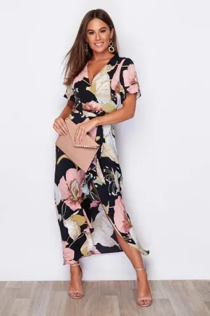 Girl in Mind Farren Split Hem Frill Detail Wrap Maxi Dress in Blush Flower Print