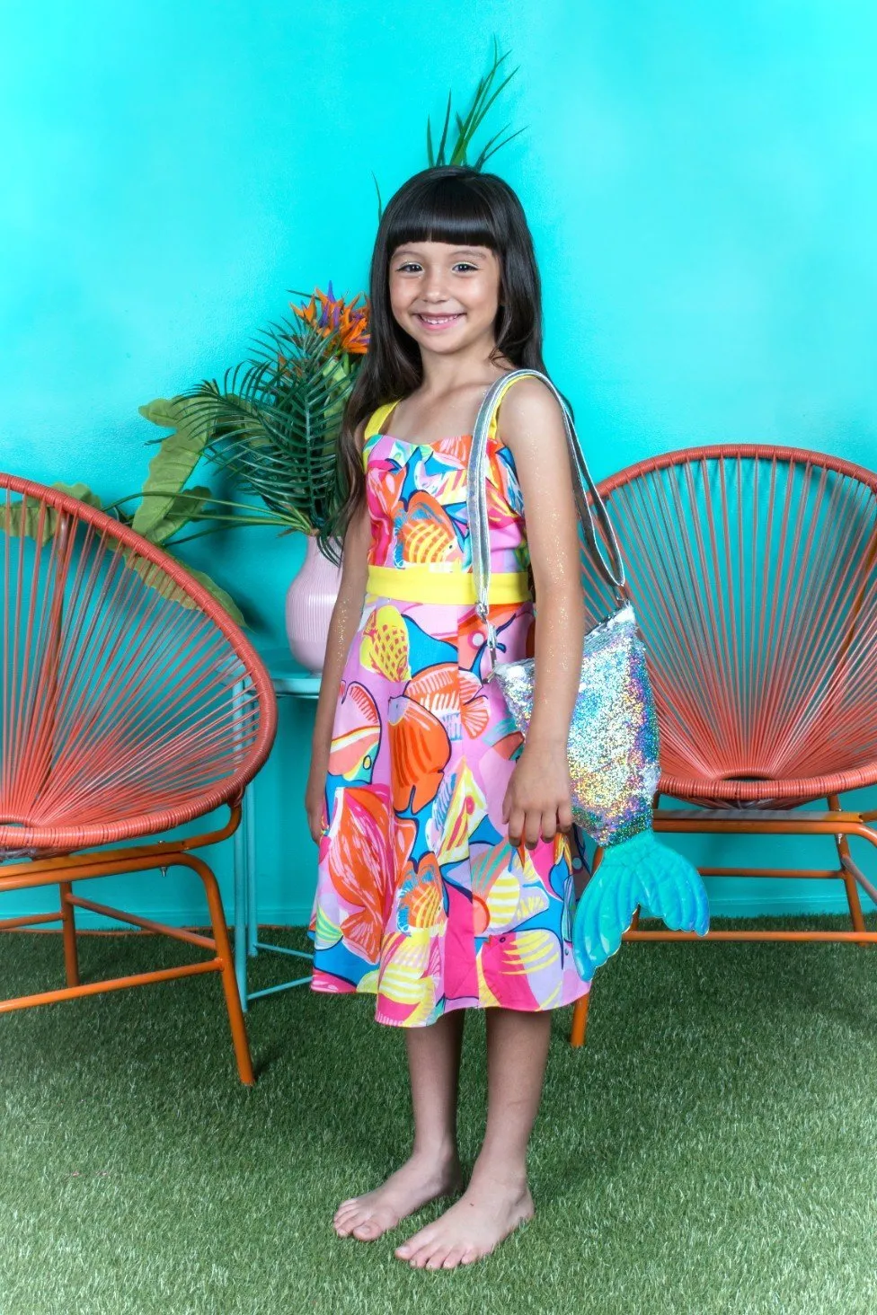 Girls Tropical Fish Print Pin-Up Style Cotton Dress with Pockets, Sizes 2-14