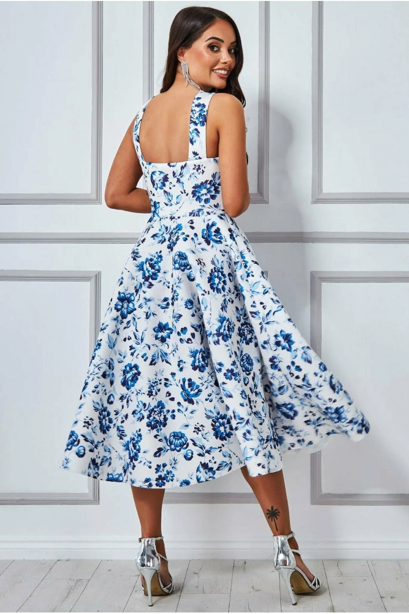 Goddiva Crossover Keyhole Midi Dress - Blue Print