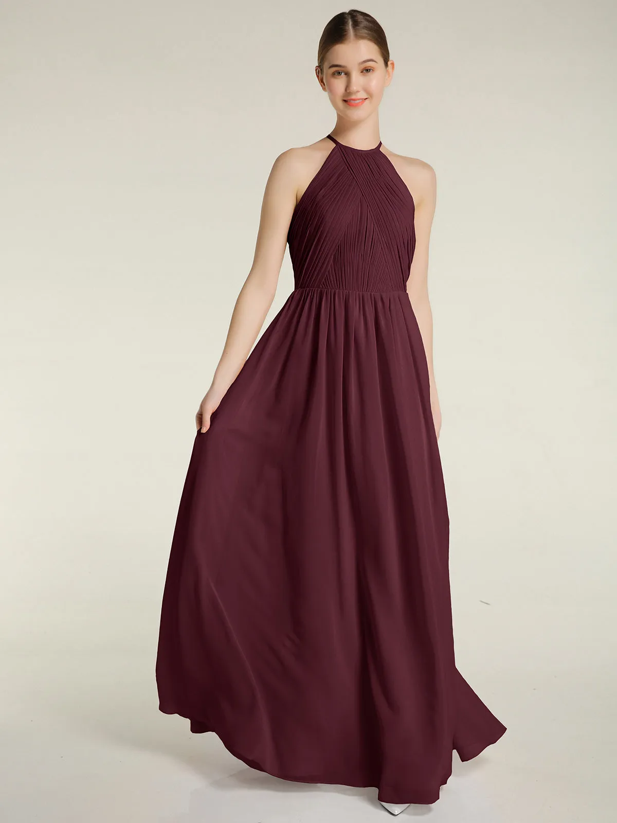 Halter Chiffon Dresses with Pleated Bodice Cabernet Plus Size