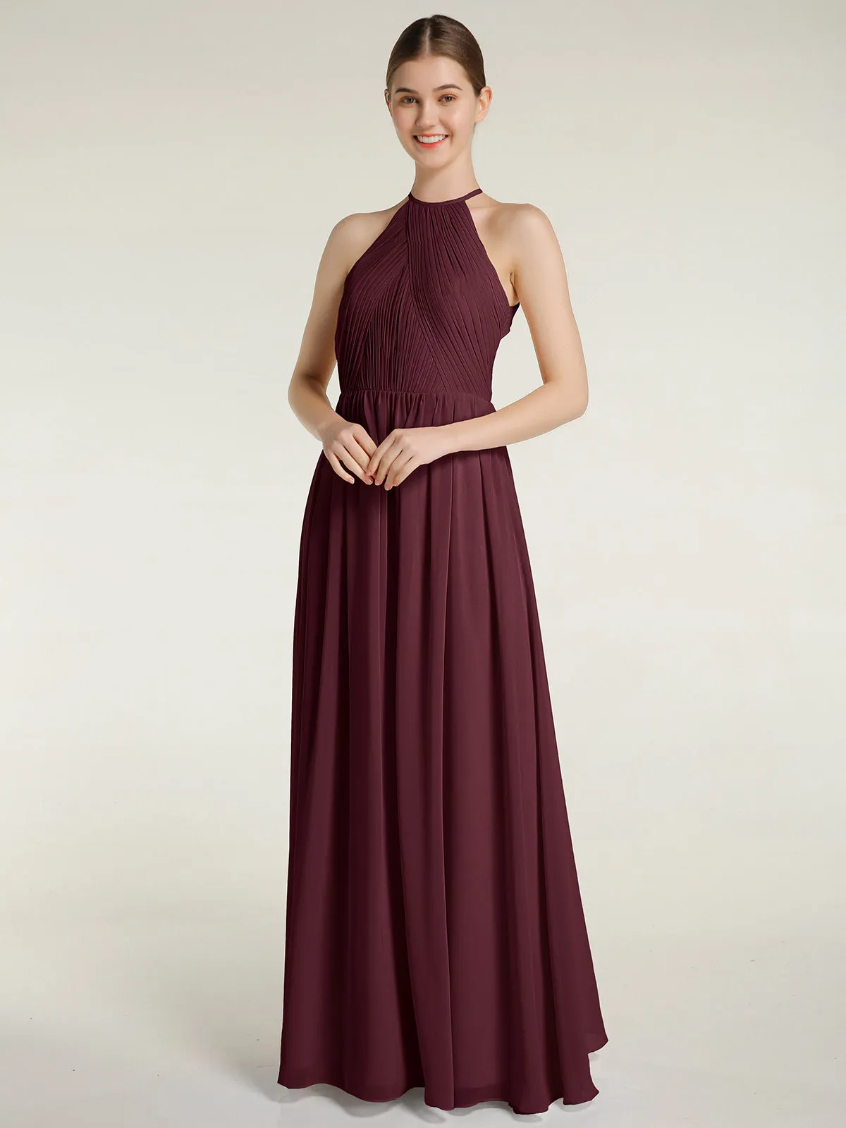 Halter Chiffon Dresses with Pleated Bodice Cabernet Plus Size