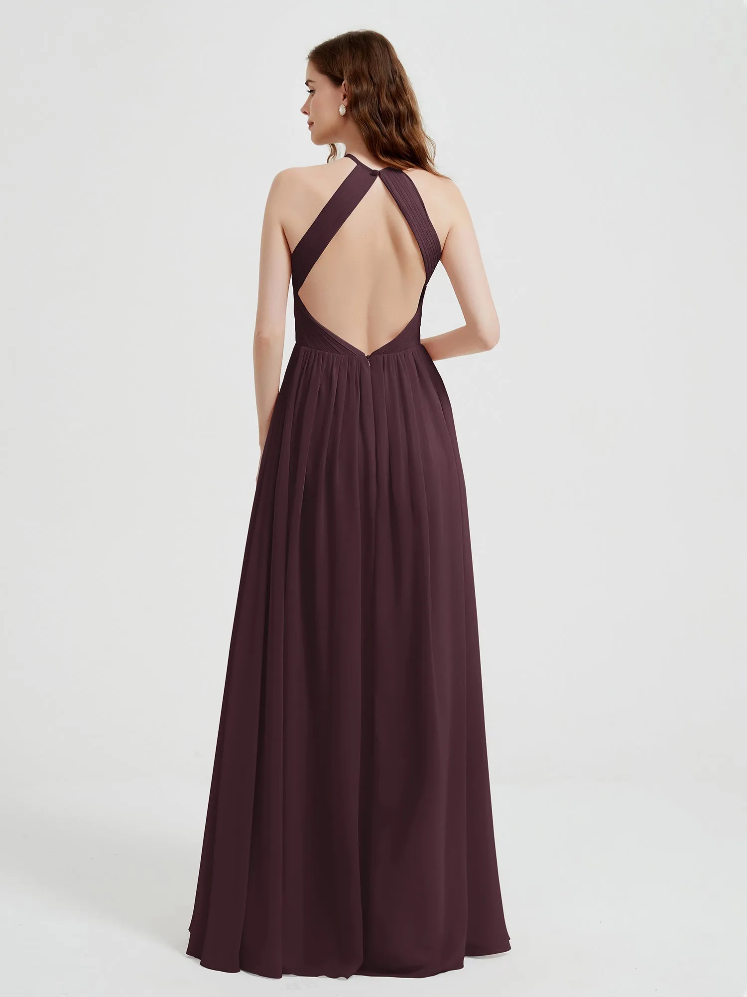Halter Chiffon Dresses with Pleated Bodice Cabernet Plus Size