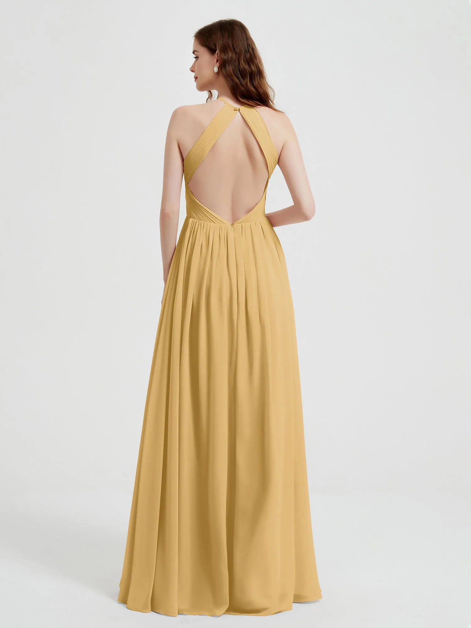 Halter Chiffon Dresses with Pleated Bodice Gold
