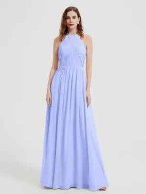 Halter Chiffon Dresses with Pleated Bodice Lavender