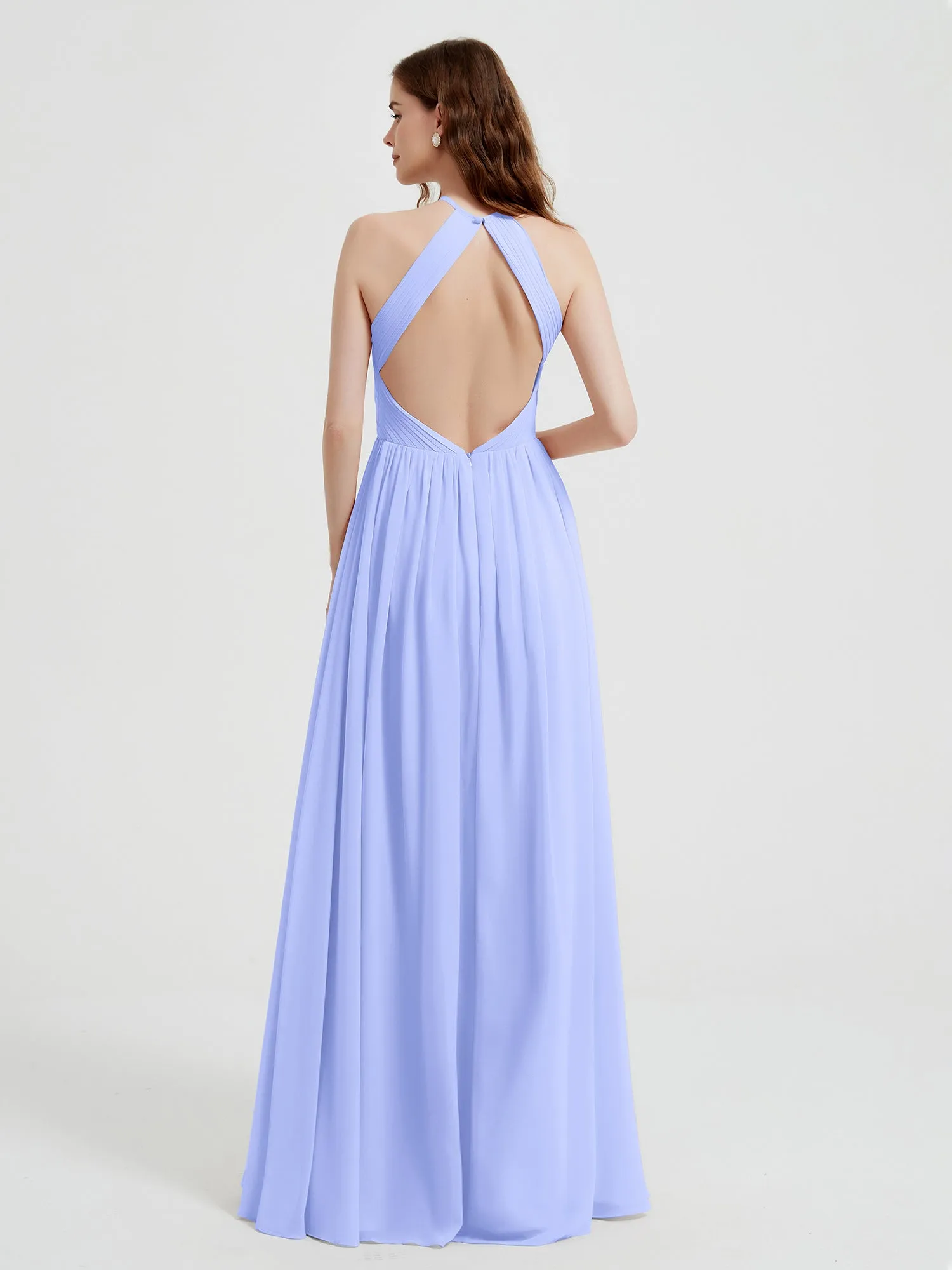 Halter Chiffon Dresses with Pleated Bodice Lavender
