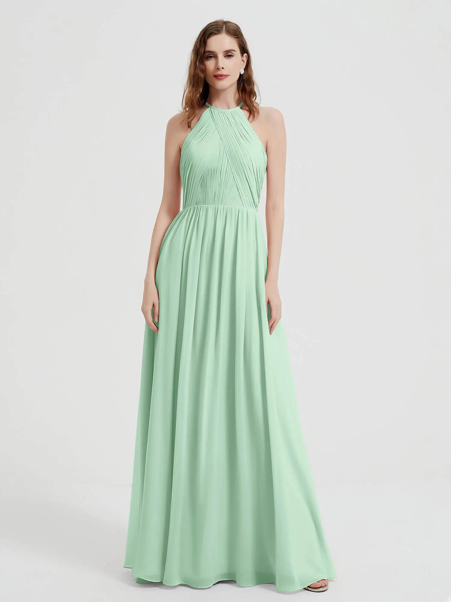 Halter Chiffon Dresses with Pleated Bodice Mint Green Plus Size
