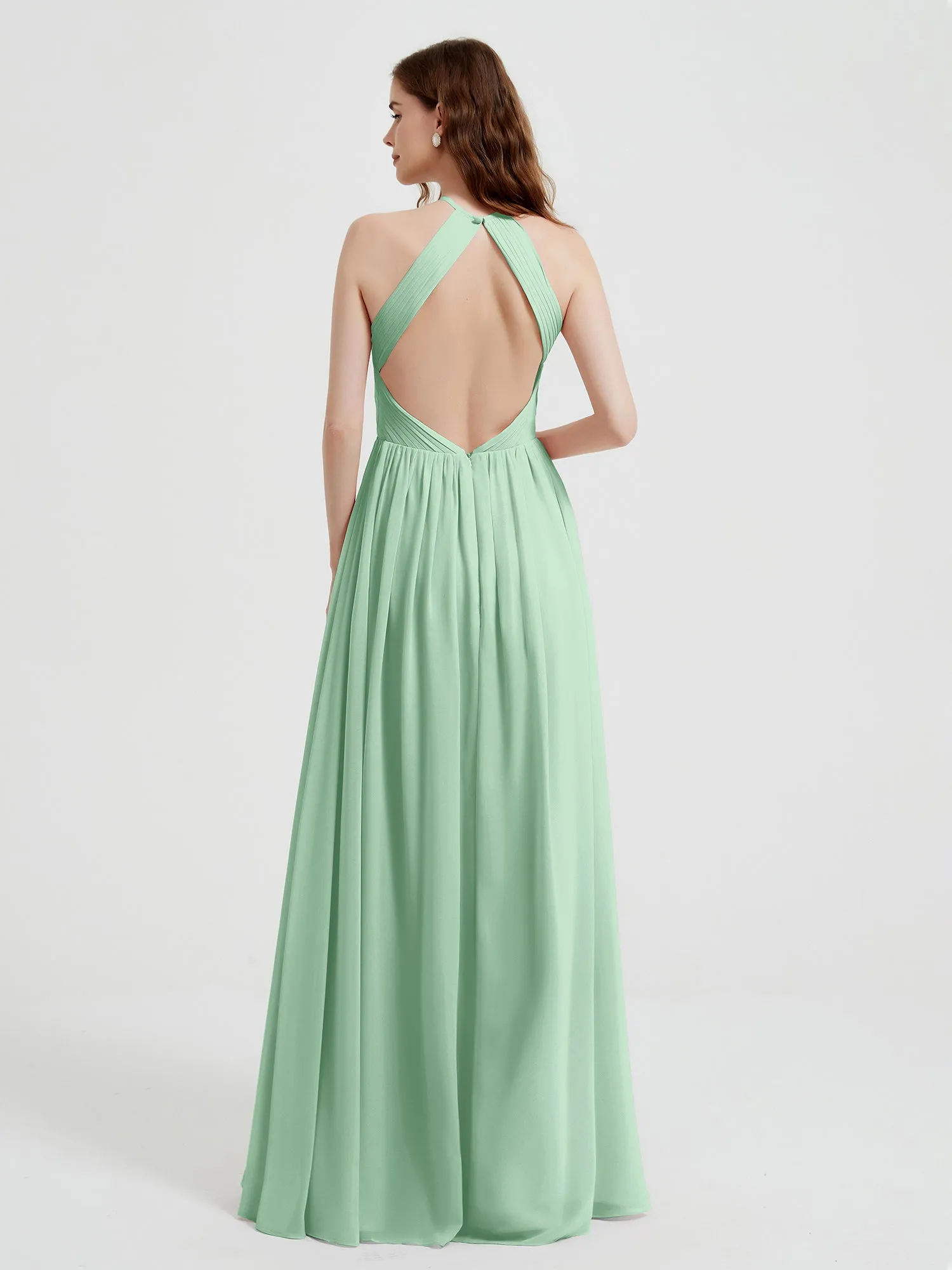 Halter Chiffon Dresses with Pleated Bodice Mint Green Plus Size