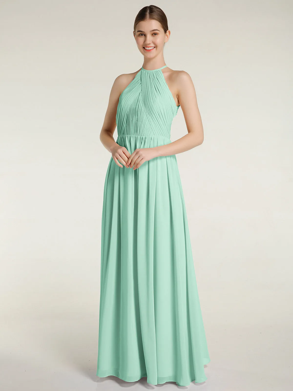 Halter Chiffon Dresses with Pleated Bodice Mint Green Plus Size