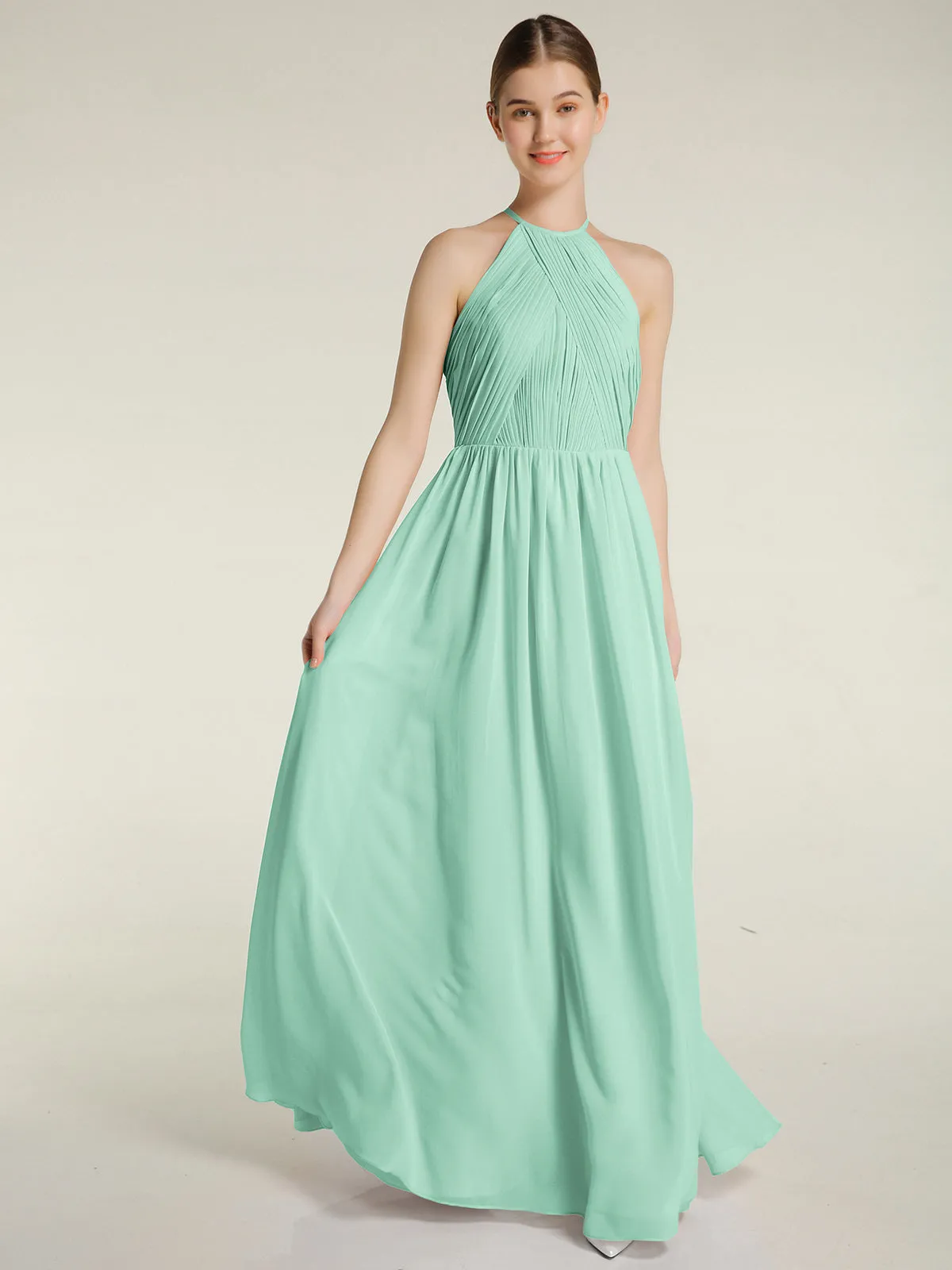 Halter Chiffon Dresses with Pleated Bodice Mint Green Plus Size