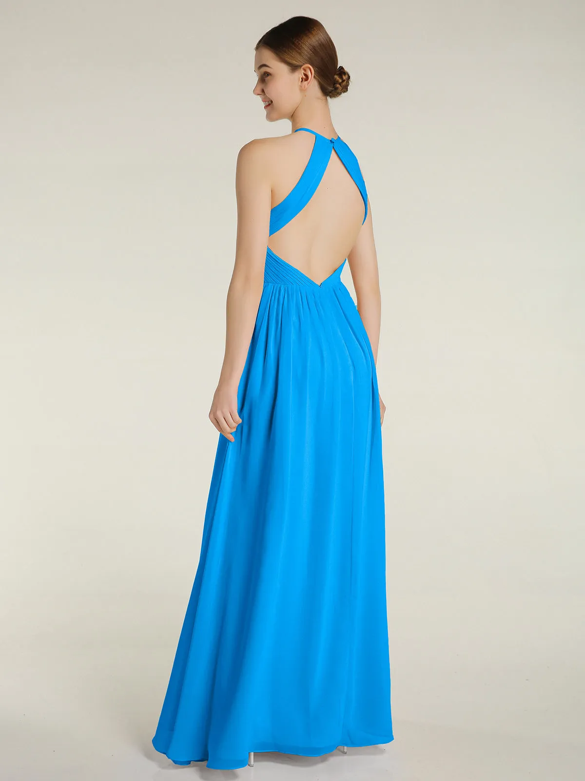 Halter Chiffon Dresses with Pleated Bodice Ocean Blue