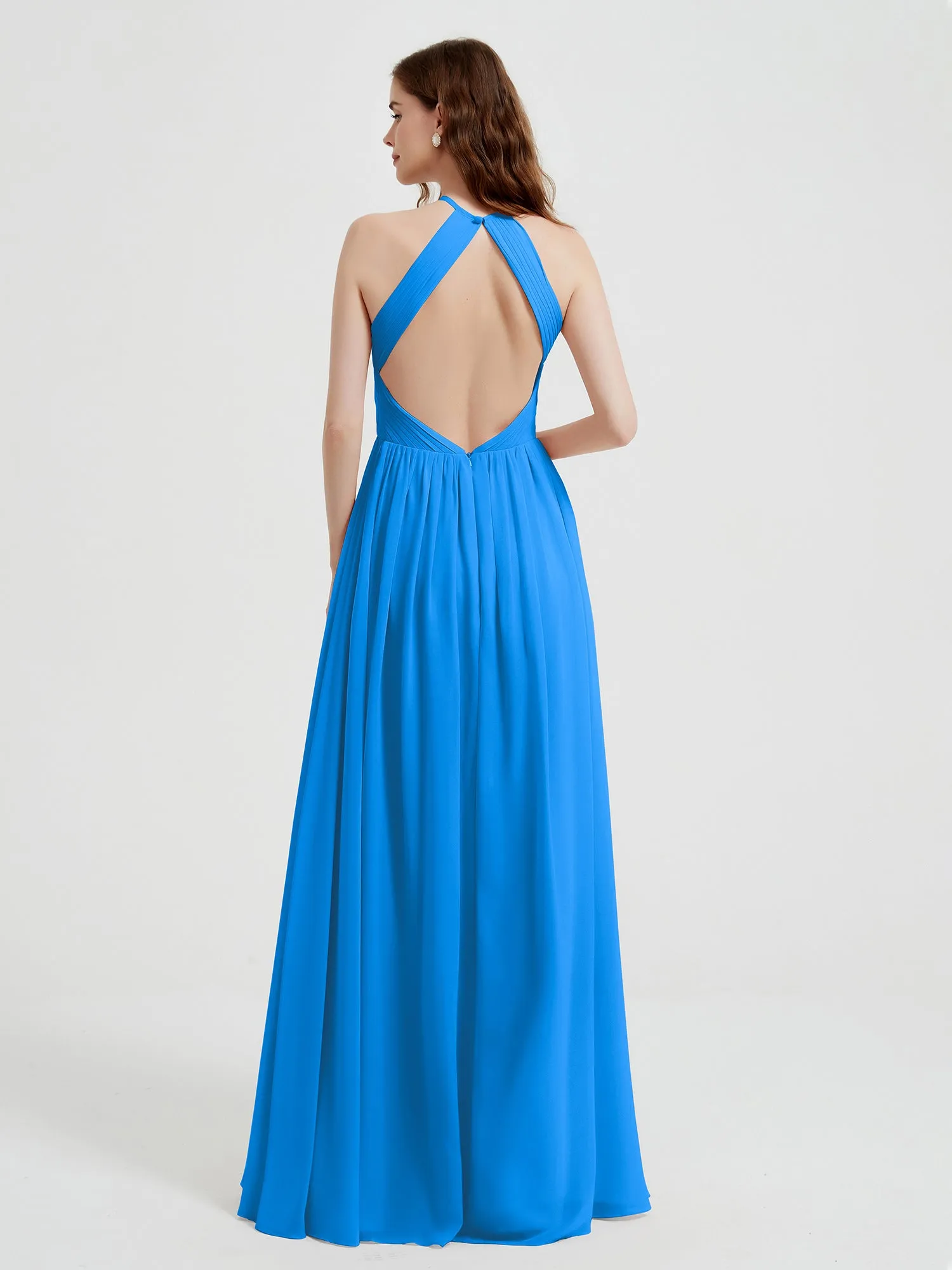 Halter Chiffon Dresses with Pleated Bodice Ocean Blue