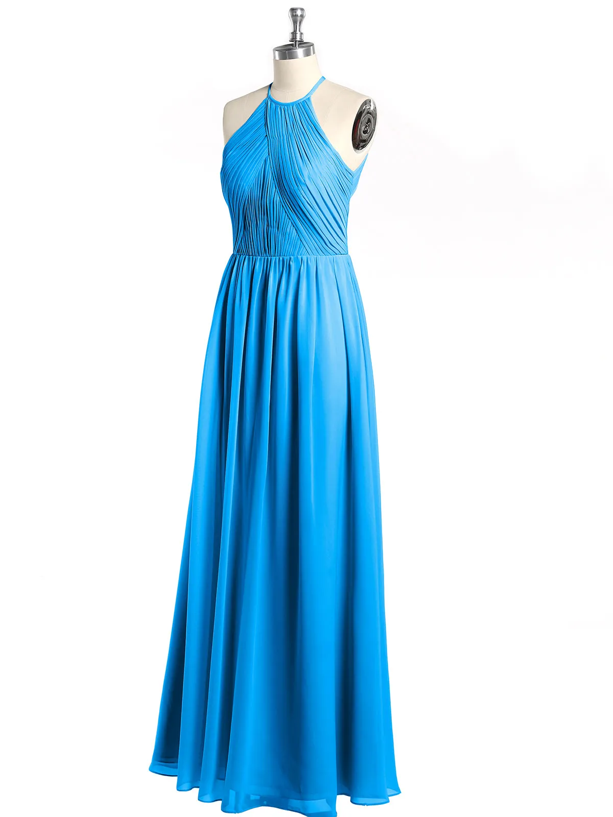 Halter Chiffon Dresses with Pleated Bodice Ocean Blue