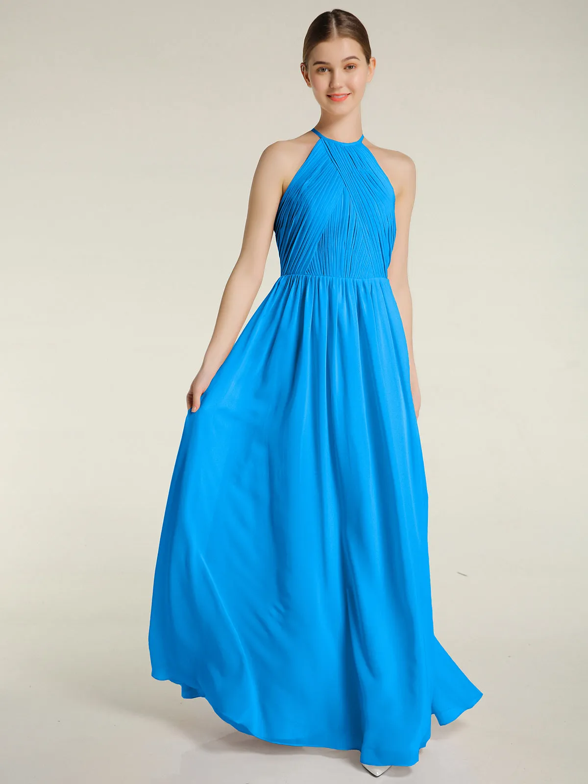 Halter Chiffon Dresses with Pleated Bodice Ocean Blue