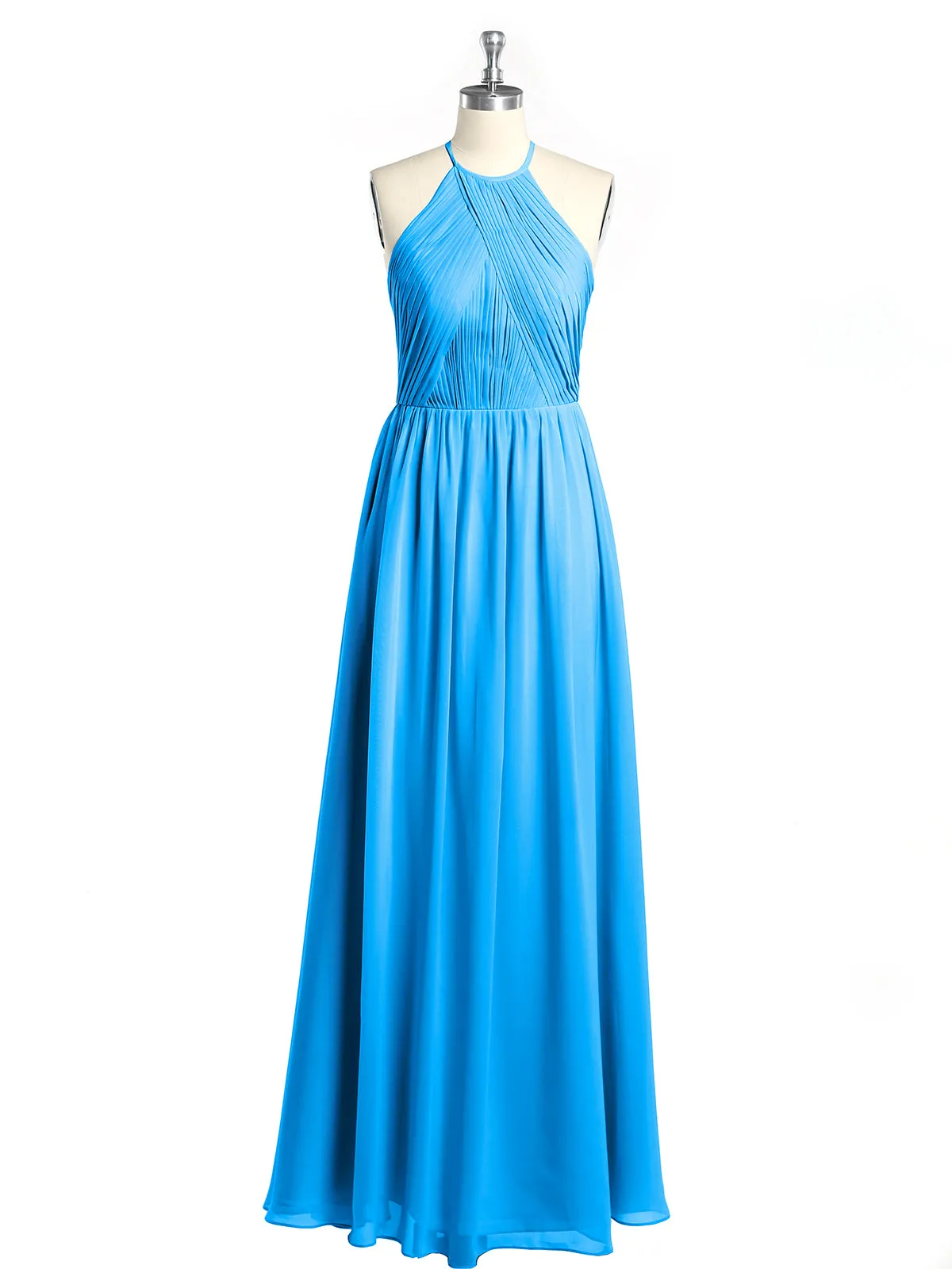 Halter Chiffon Dresses with Pleated Bodice Ocean Blue