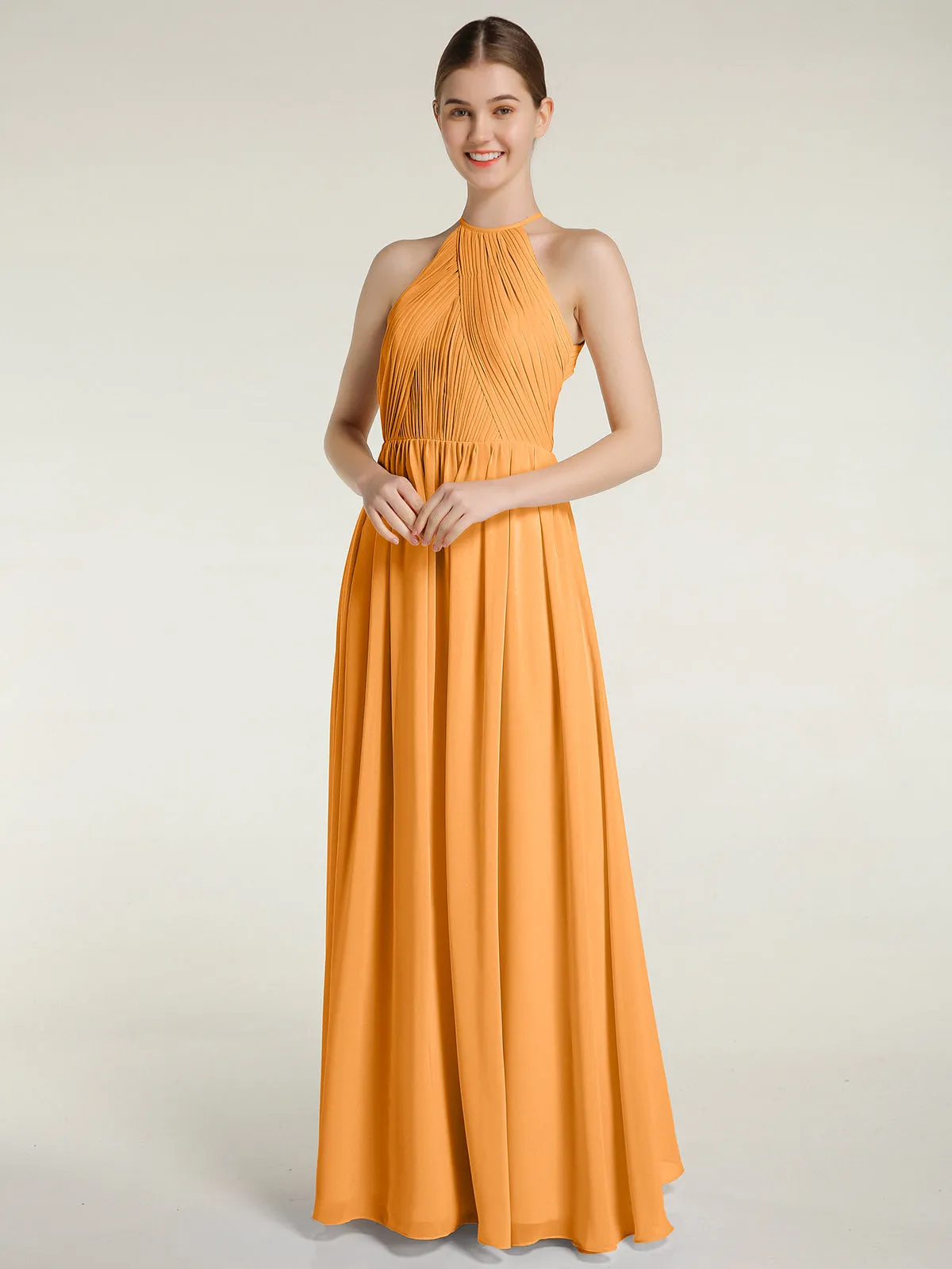 Halter Chiffon Dresses with Pleated Bodice Tangerine