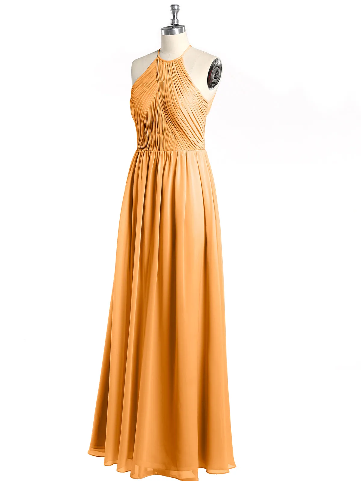 Halter Chiffon Dresses with Pleated Bodice Tangerine