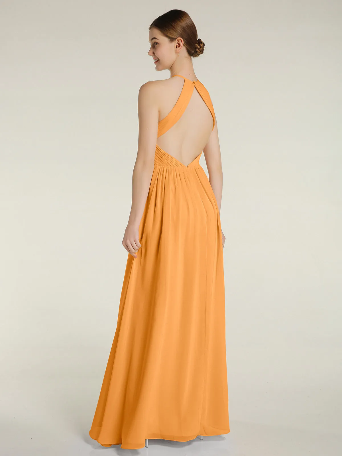 Halter Chiffon Dresses with Pleated Bodice Tangerine