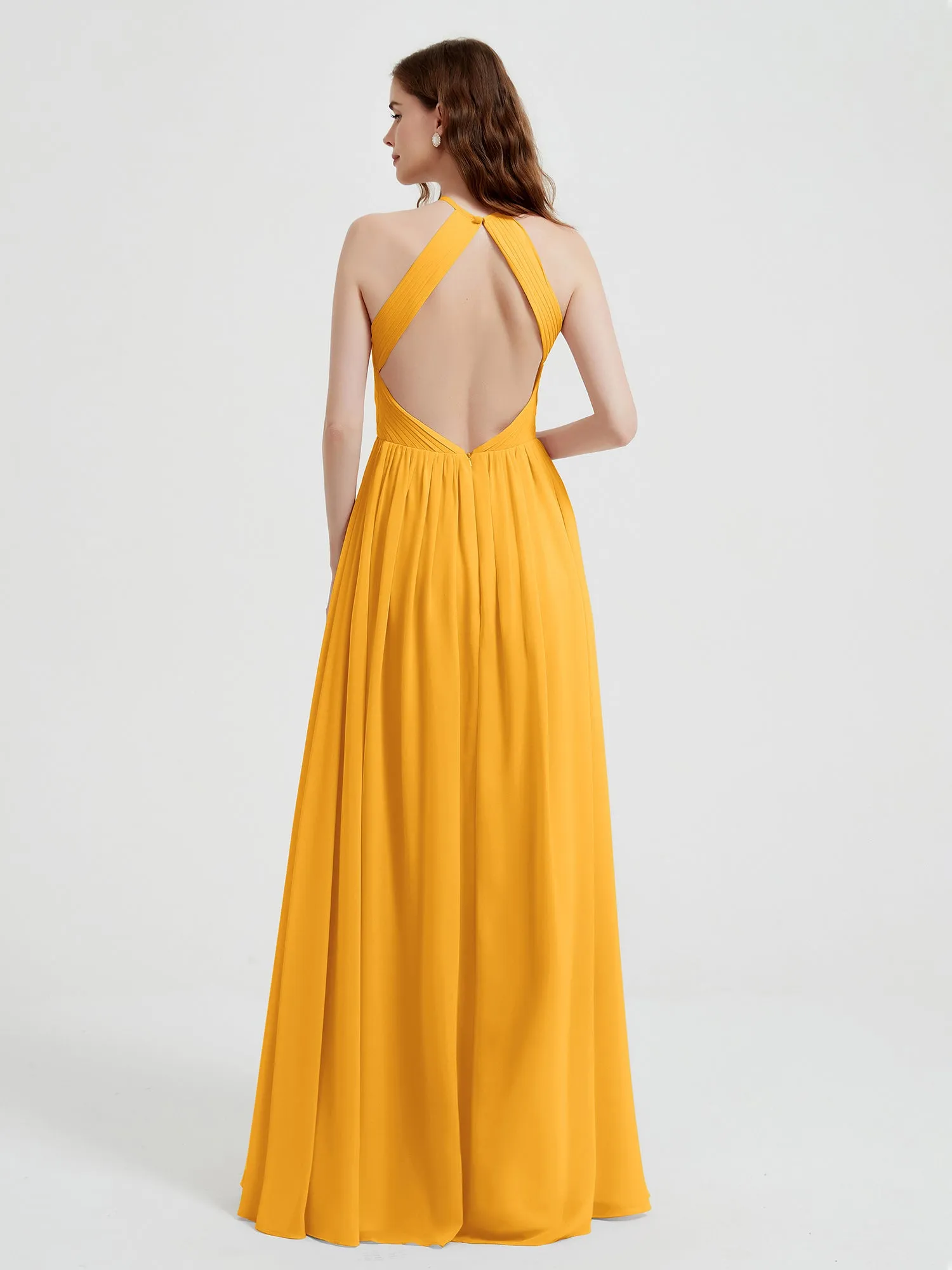Halter Chiffon Dresses with Pleated Bodice Tangerine