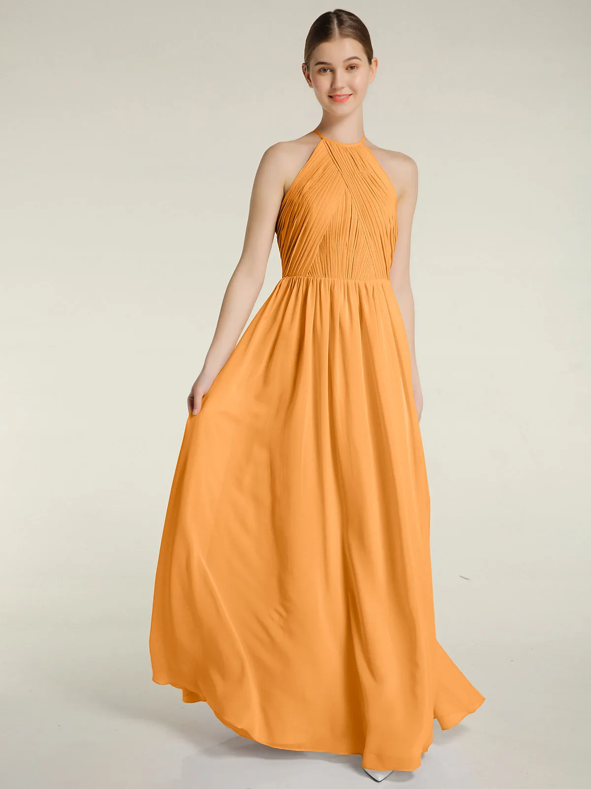Halter Chiffon Dresses with Pleated Bodice Tangerine