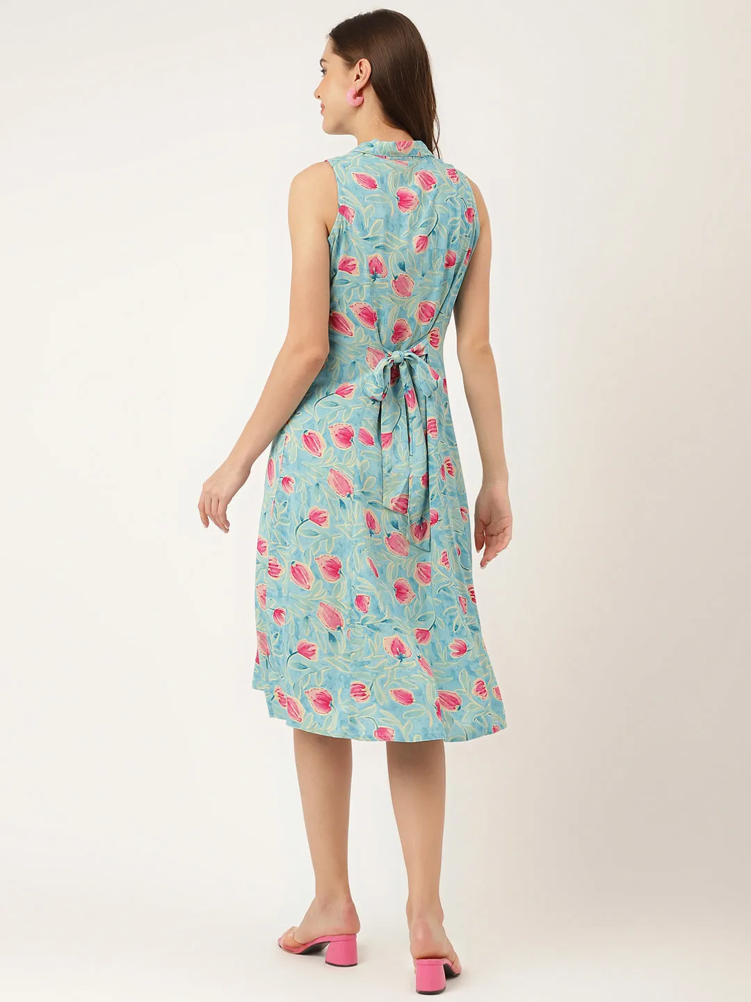 Jashvi Blue Floral Print Rayon A-Line Midi Dress with Attached Sleeves for Women